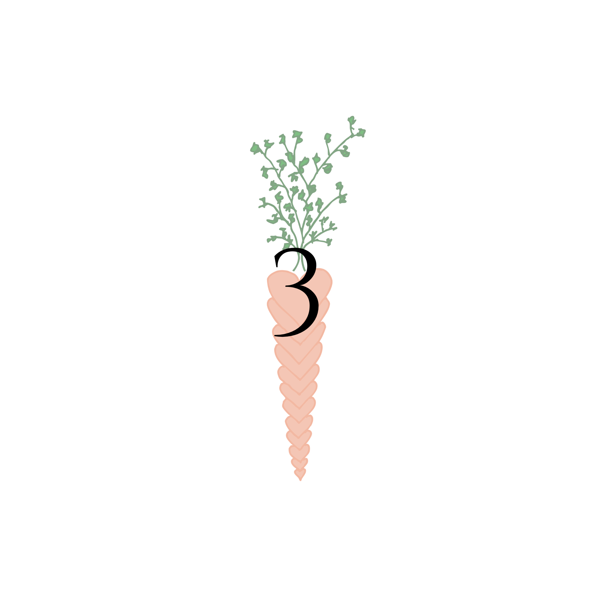 Illustration of a hand holding a plant with green leaves and a large black number 3 on it.