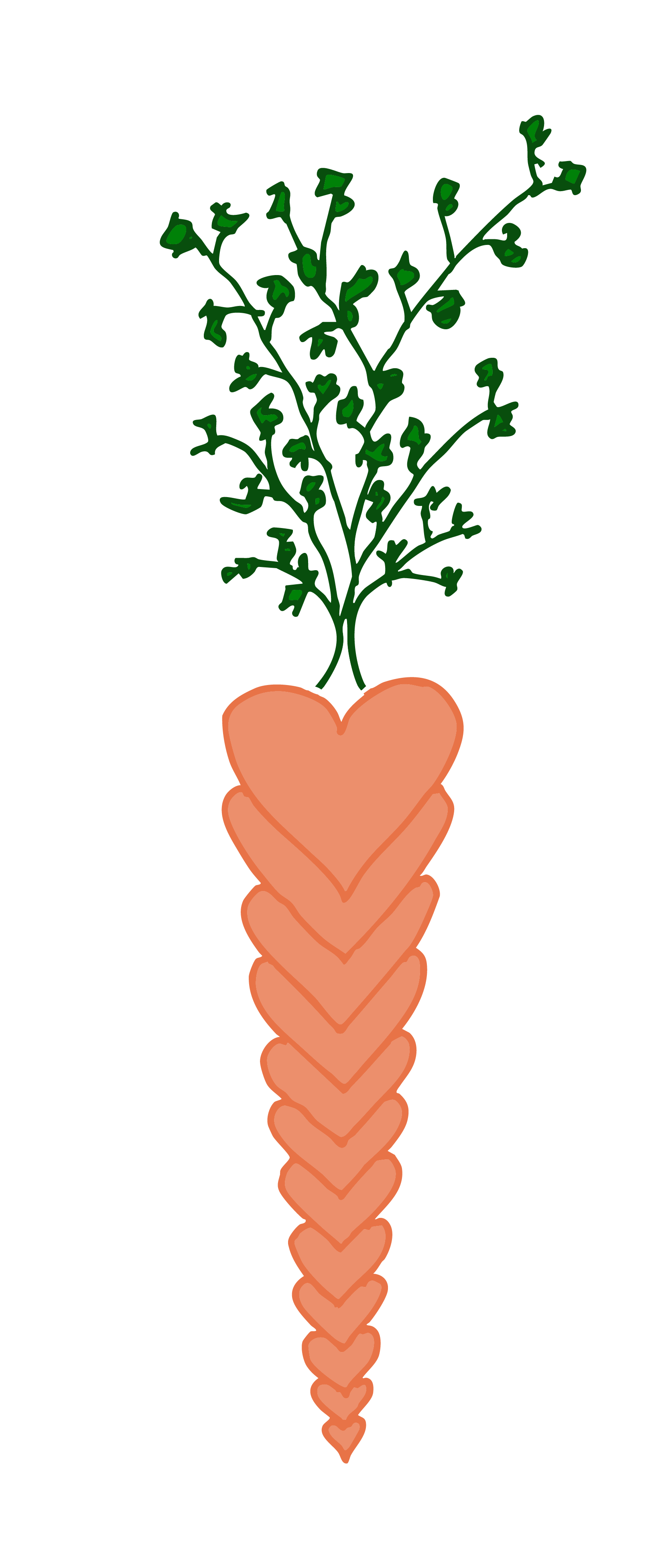 A drawing of a carrot with a heart-shaped top and green leafy stems.