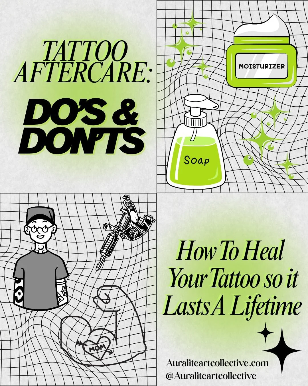 Aftercare is everything! How you treat your tattoo in the first few weeks affects how it looks for life - so take good care! Here we share our top tips for keeping your new tattoo clean, protected and healing properly!
Save this post for reference, a