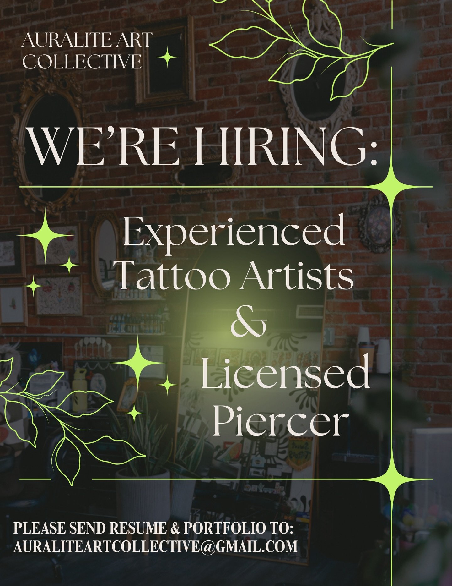 Auralite Art Collective is expanding our team!

We are opening 2 positions for experienced, established tattoo artists ready to work within a refined, growth driven studio environment.

Auralite is built for artists who value both elevated standards 
