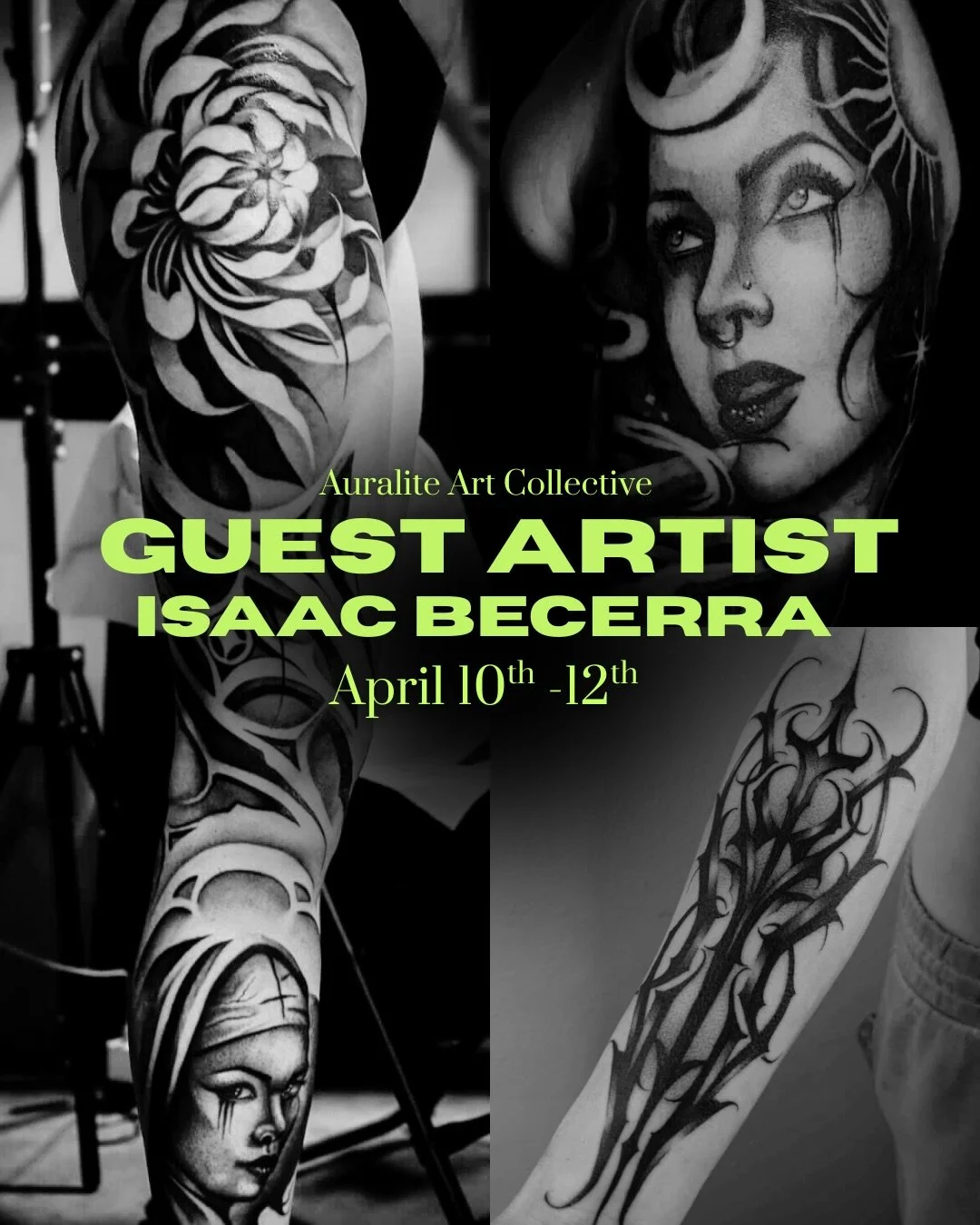 We&rsquo;re excited to welcome guest artist Isaac Becerra @becerra_tattoos to Auralite Art Collective April 10&ndash;12, 2026.

Isaac is the co-owner of Love Life Tattoo (@lovelife_tattoo_mt ) in Missoula, MT and is known for his strong black and gre