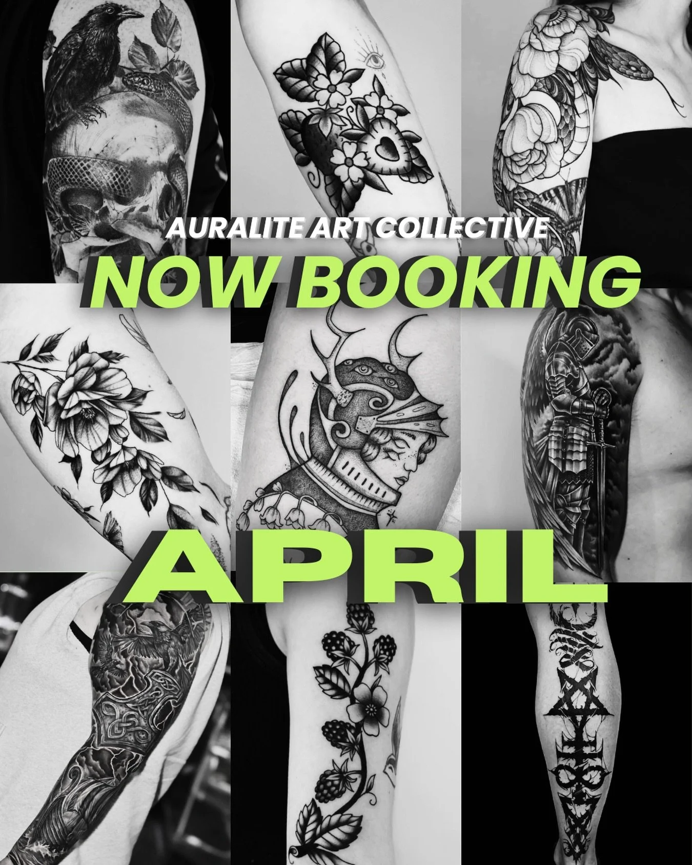 April tattoo bookings are now open at Auralite Art Collective.

Spring is right around the corner, which means warmer days, short sleeves, and more time in the sun. If you&rsquo;ve been thinking about getting a custom tattoo in Spokane, now&rsquo;s t
