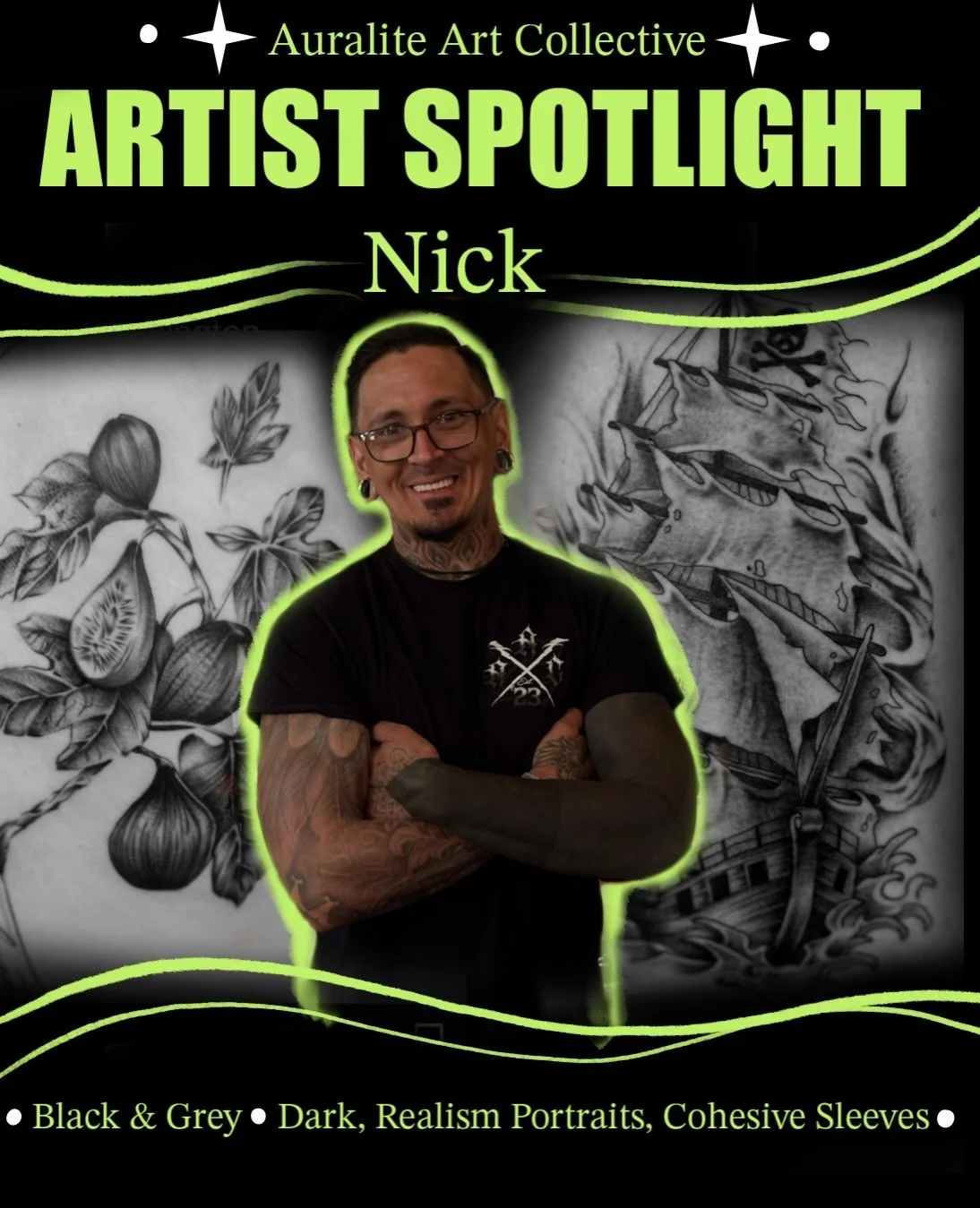 Artist Spotlight of the Week: ⚔️Nick⚔️
Outside of tattooing Nick is either spending time with his family or drawing. He specializes in dark realism focusing on portraits and other dark subject matter. He has been working on quite a bit of larger proj