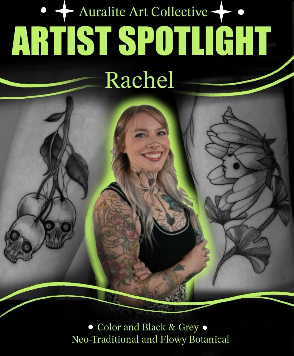 Artist Spotlight ✨Rachel✨
Meet Rachel!! She is the one that is mostly likely greeting you with a big ass smile when you come into our shop and then delivers the most epic tattoos! She does color work &amp; black and grey work. When she&rsquo;s not ta