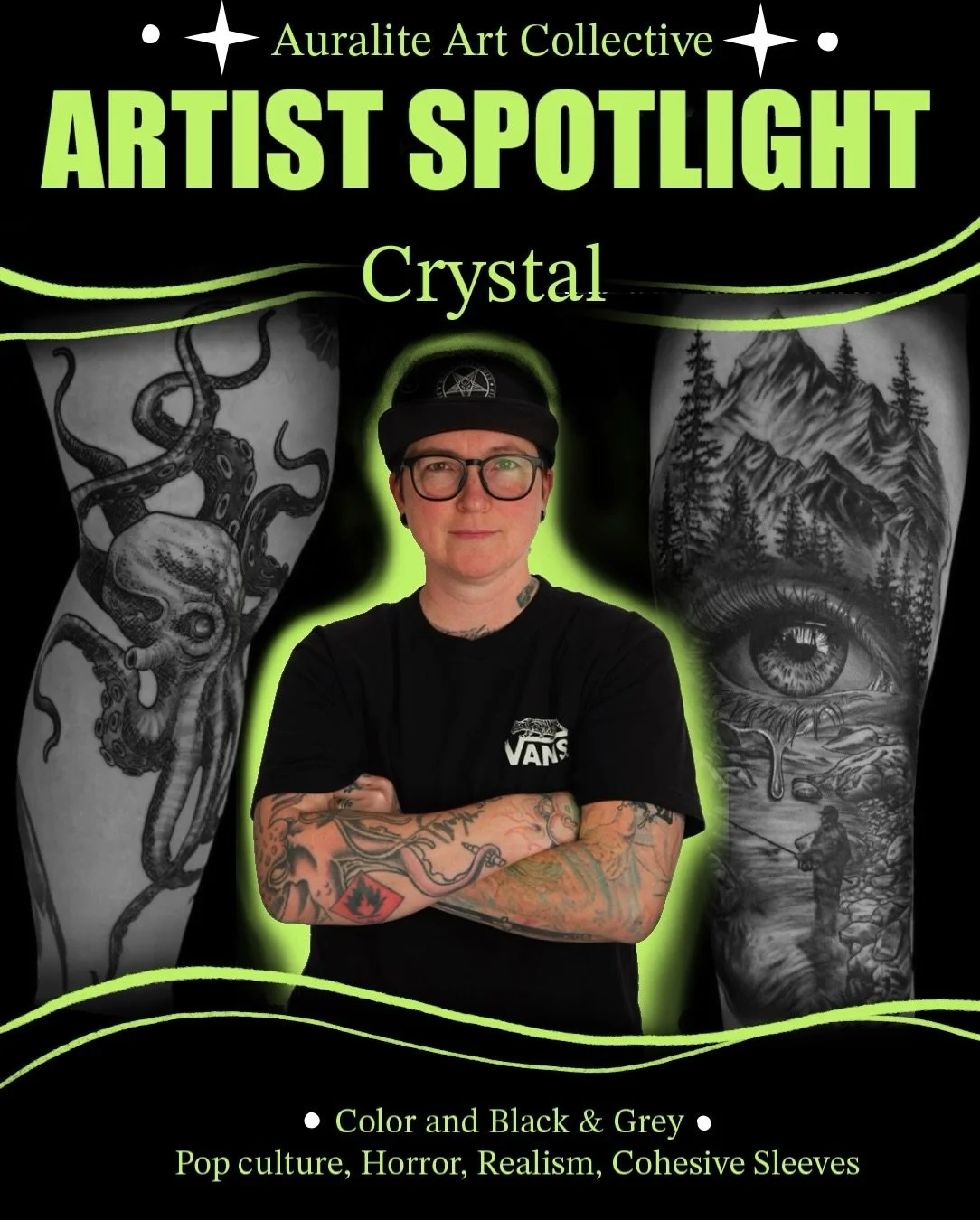 Artist Spotlight ⚔️Crystal!⚔️
Crystal has been tattooing for over 20 years and her work definetly shows for it. She can do a dainty small wrist piece or a whole leg sleeve with the same thoughtfulness and care. If she had to pick her favorite type of
