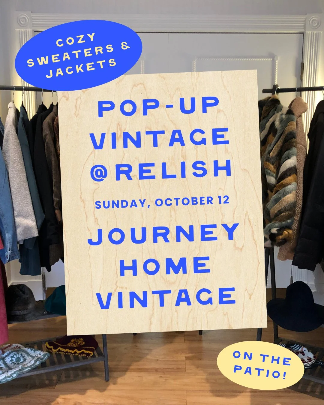 Shop vintage on the porch tomorrow Sunday, October 12th! Journey Home Vintage will be setting up a selection of cozy sweaters, jackets, and more. Come by for a pre-thanksgiving coffee and a little shopping in the sun! ⁠
⁠
#relishmuskoka #muskokalife