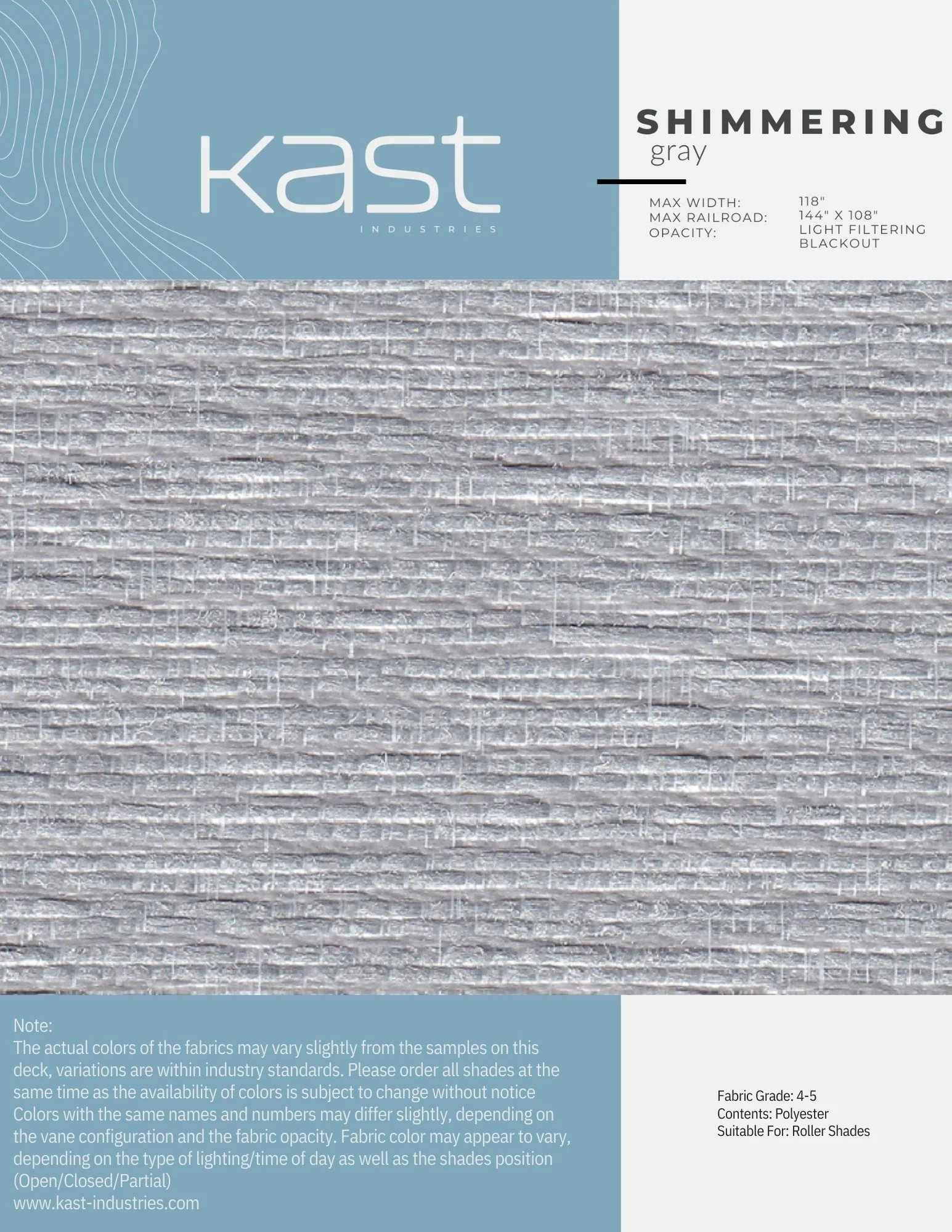 Sample swatch of shimmering gray outdoor roller shade fabric by Kast Industries, with textured fabric pattern, 118 inches wide, suitable for blackout and light filtering, designed for roller shades.