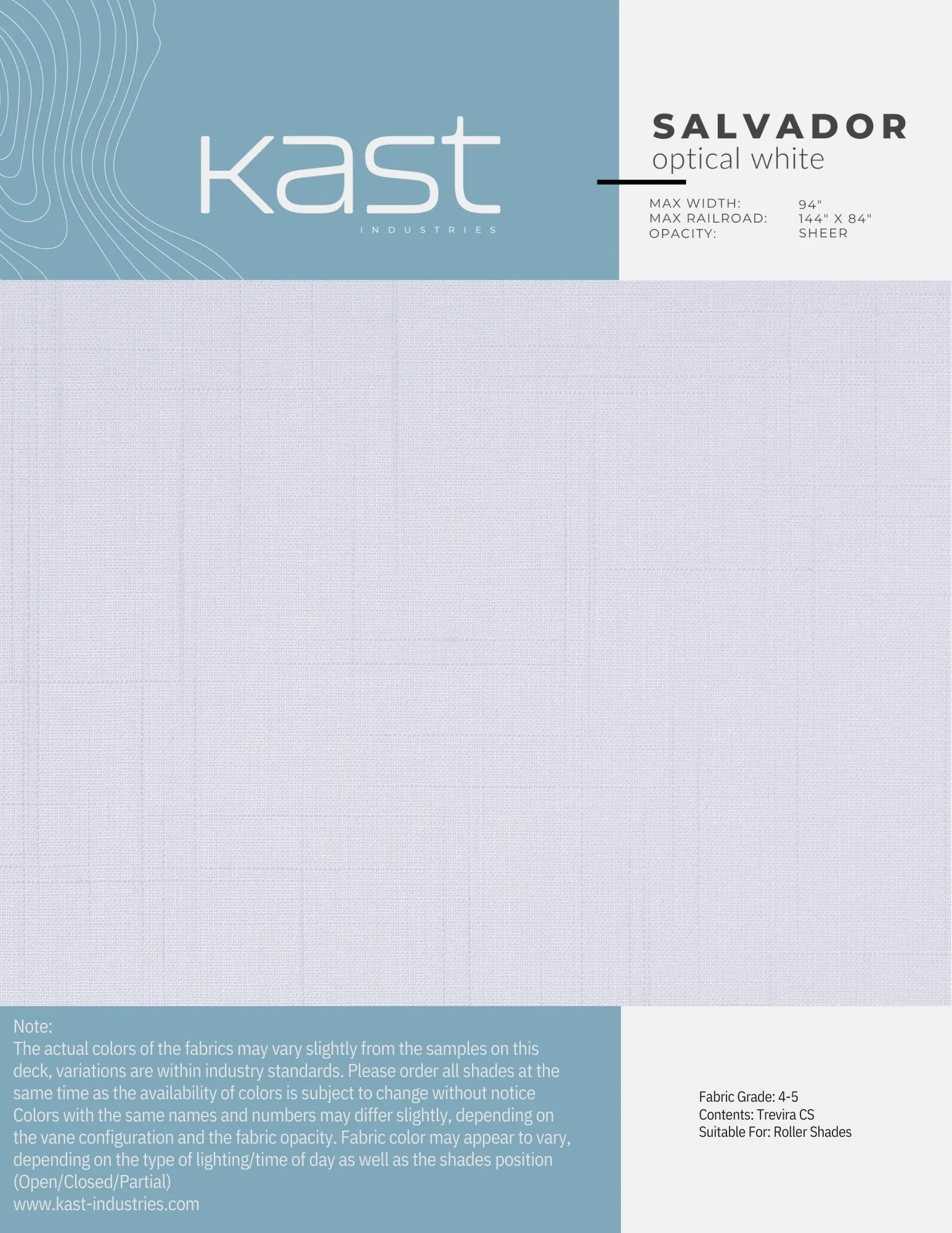 Blank white roller shade fabric sample from Kast Industries, called Salvador, recommended for roller shades, with specifications listed.
