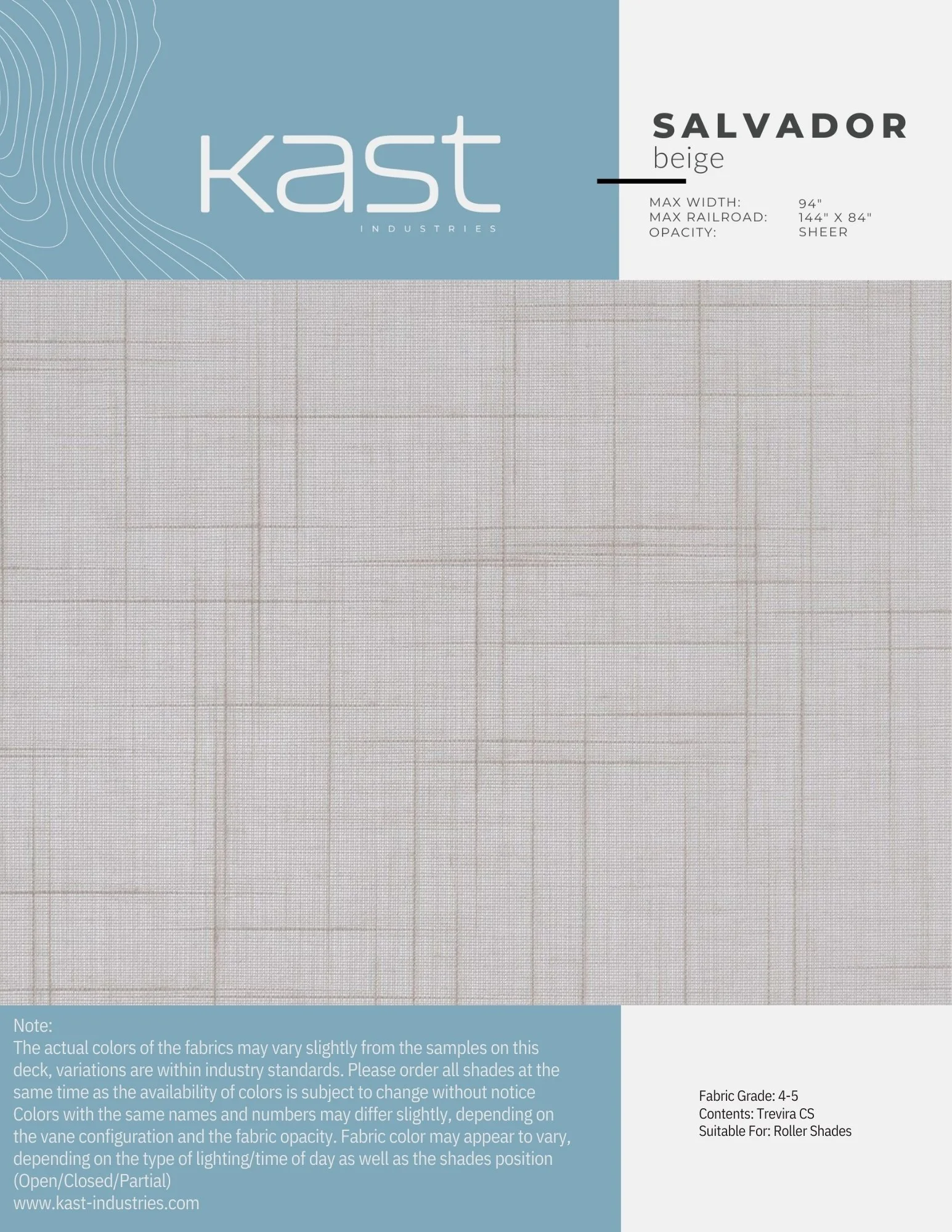 A fabric sample card from Kast Industries showing a beige roller shade fabric named Salvador. The card includes measurements, opacity, and fabric details, with a subtle grid pattern of the fabric visible.