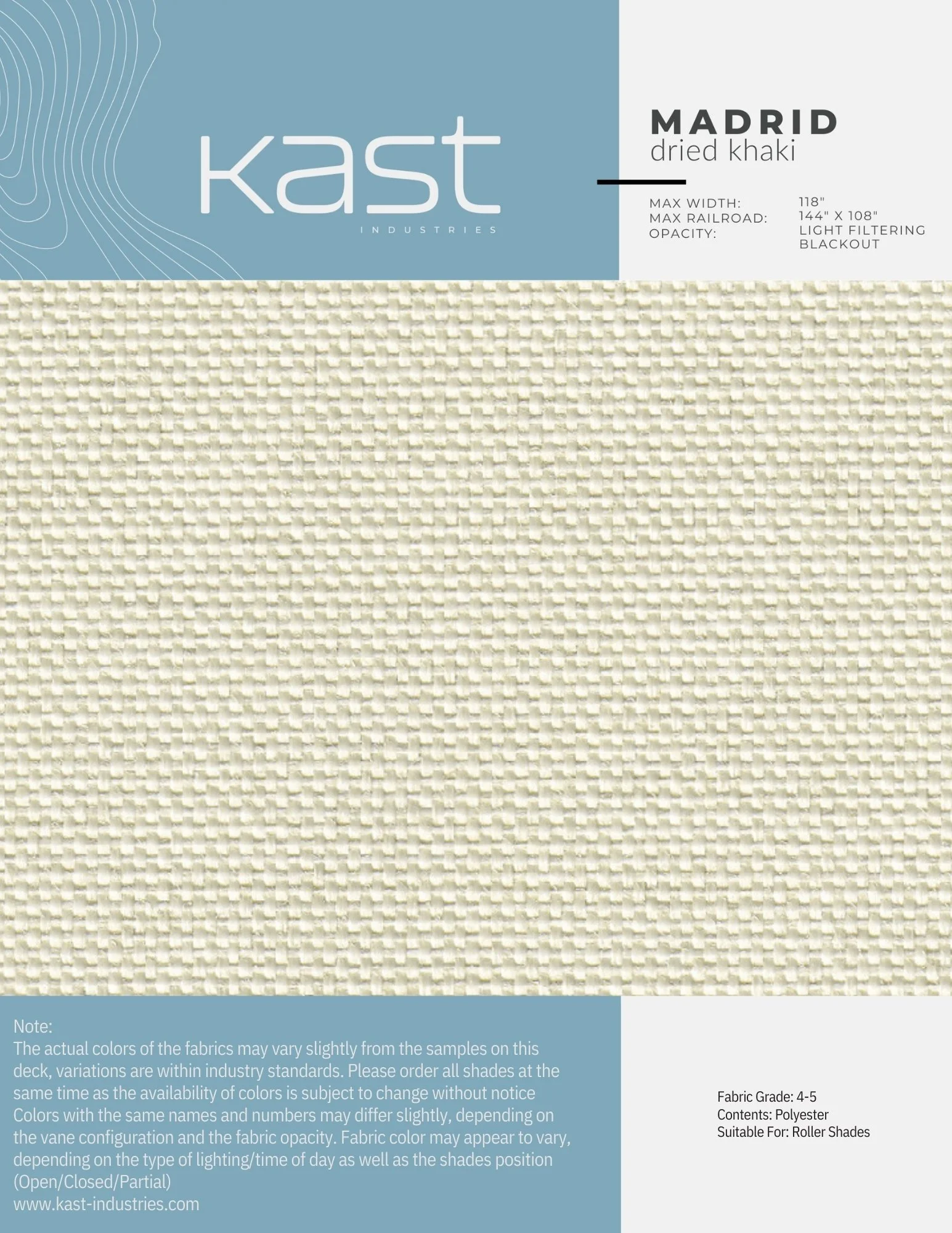 Sample of dried khaki fabric in a packaging label for Kast Industries, Madrid color, light filtering blackout, suitable for roller shades.