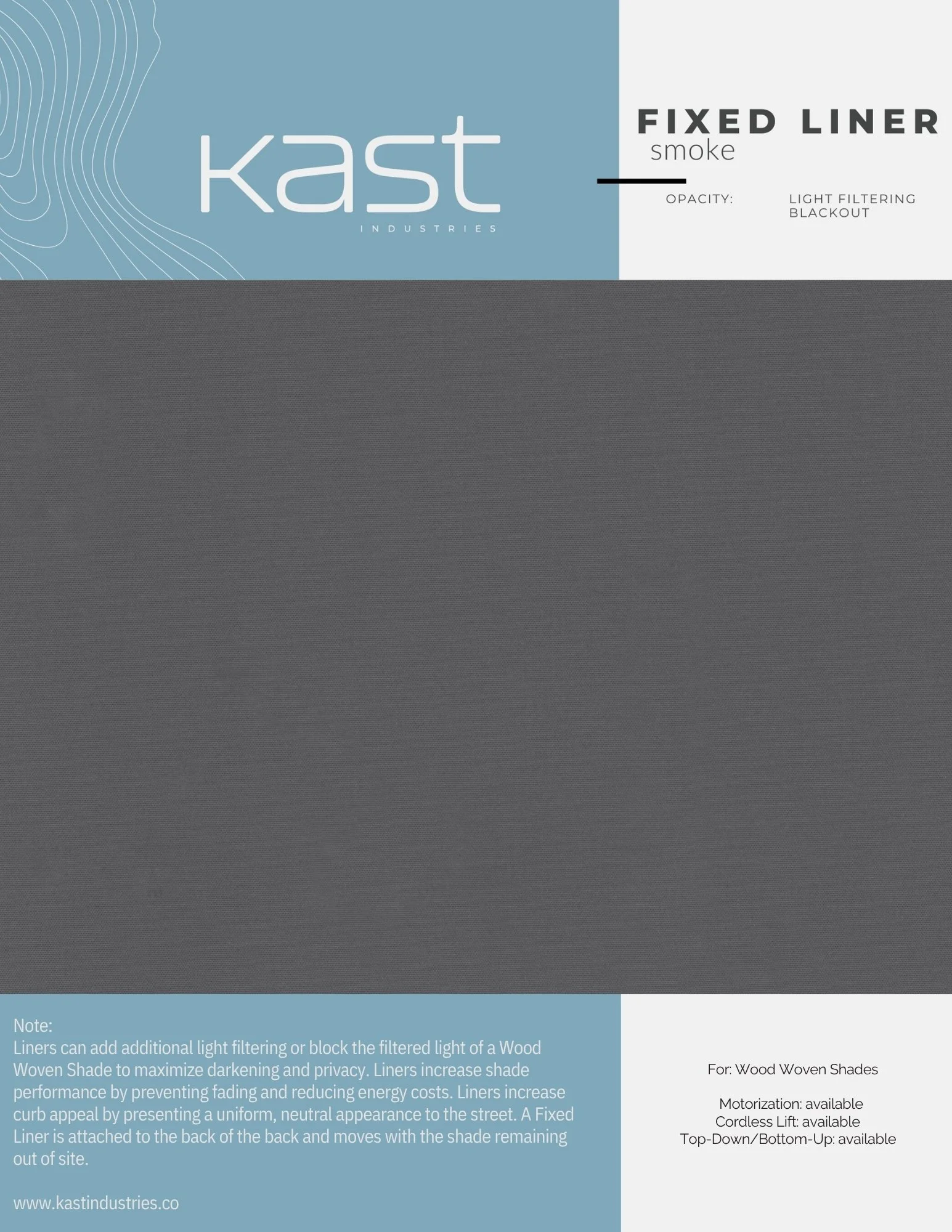Package of Kast Industries fixed liner smoke-colored window shade for wood woven shades with light filtering opacity and blackout option.