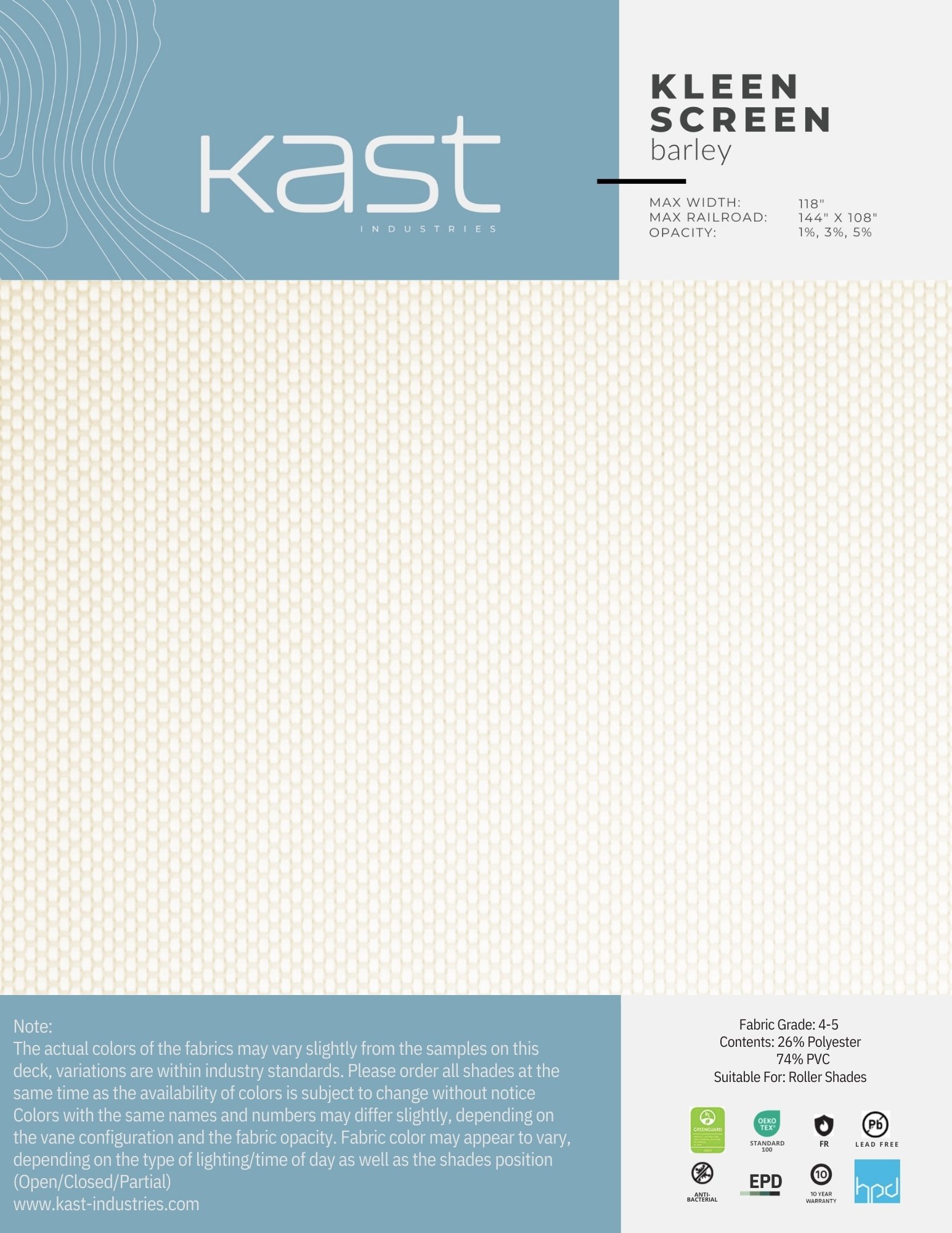 Packaging for Kast Industries Kleen Screen Batten in barley color, featuring fabric specifications and environmental certifications.