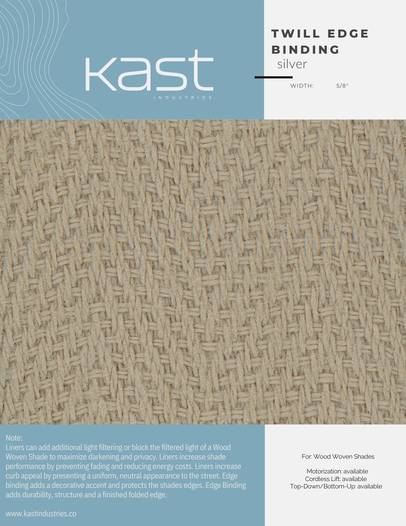 Close-up of woven wood shade with packaging label describing twill edge binding in silver.