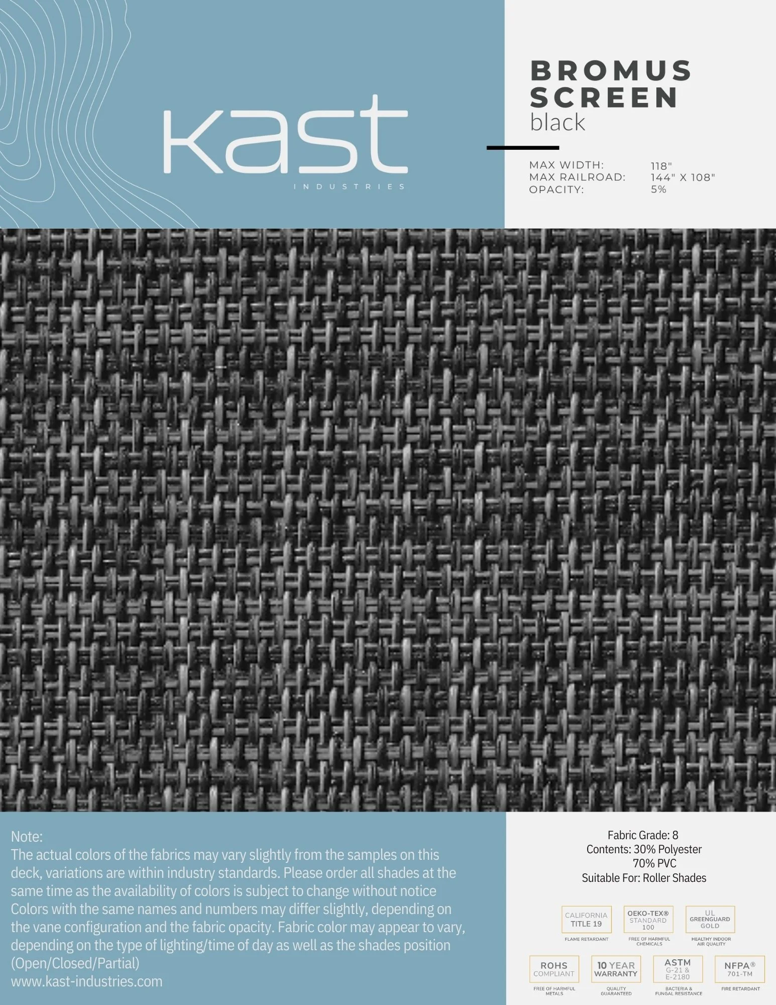Black woven outdoor roller shade fabric sample from Kast Industries, 118 inches wide, suitable for roller shades, with 30% polyester and 70% PVC.