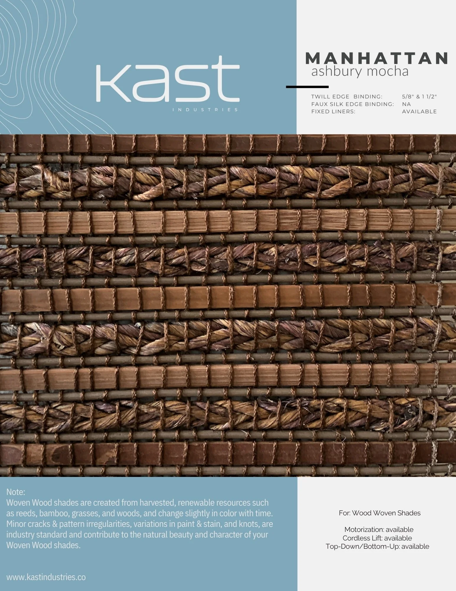 Close-up view of woven wood shades in various shades of brown with a blue and white label at the top reading 'Kast Industries' and 'Manhattan Ashbury Mocha'.
