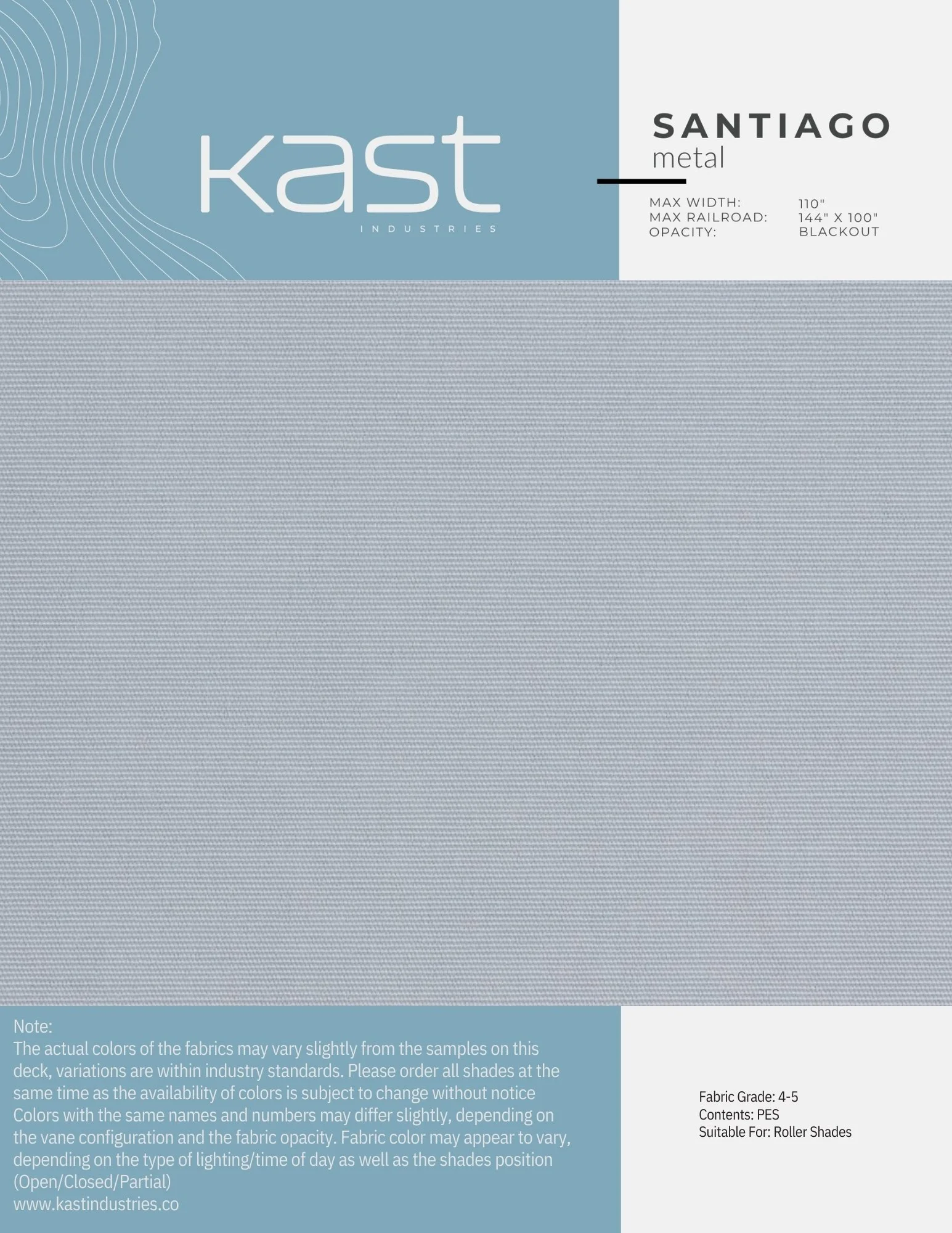 Packaging for Kast Industries Santiago metal roller shades, with specifications including max width of 110 inches, max railroad width of 144 inches by 100 inches, blackout opacity, and fabric grade 4-5.
