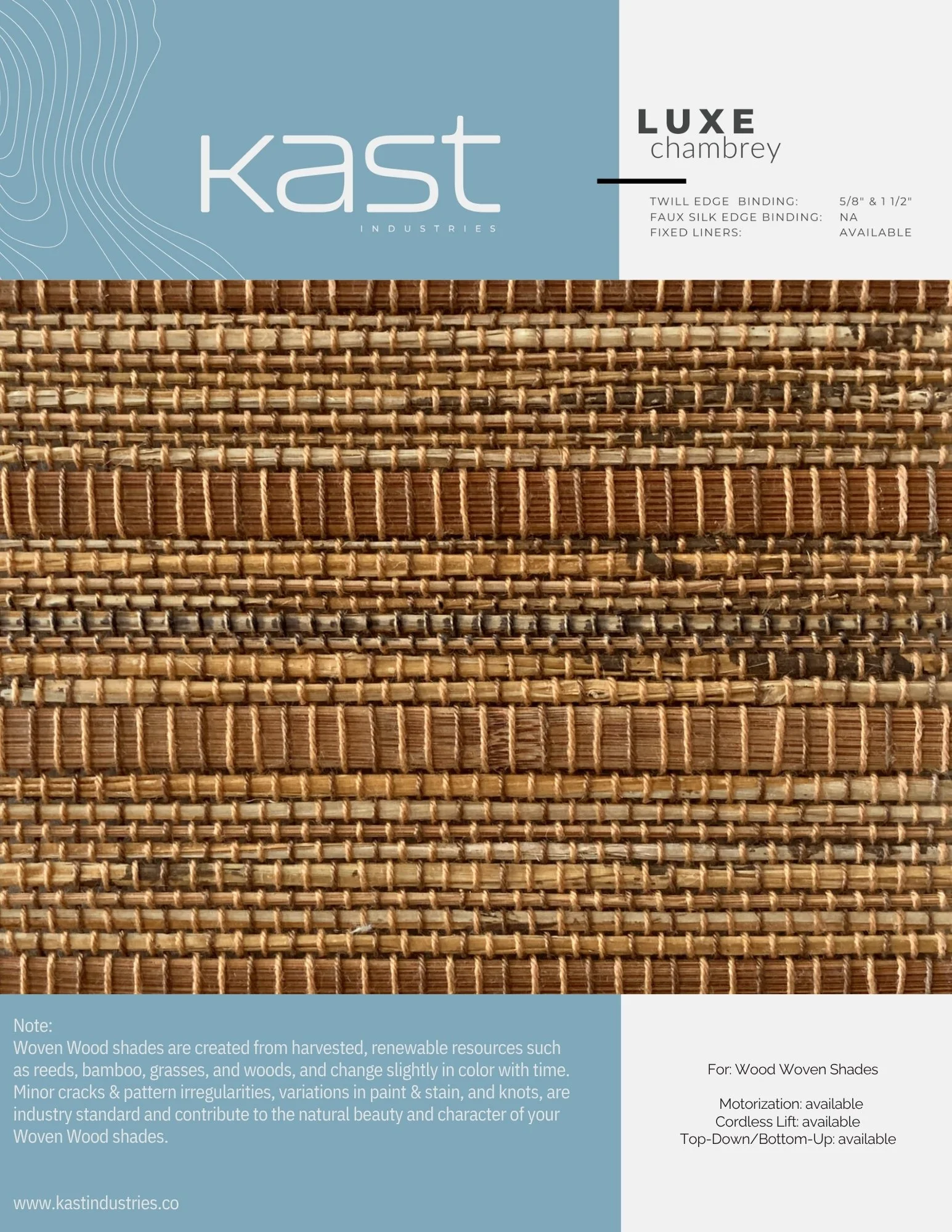 Close-up of a package of woven wood shades in various shades of brown, with a label indicating they are for a chamber style with 5/8" and 1/2" twill edge binding, and a note explaining the natural, renewable materials used in the shades.