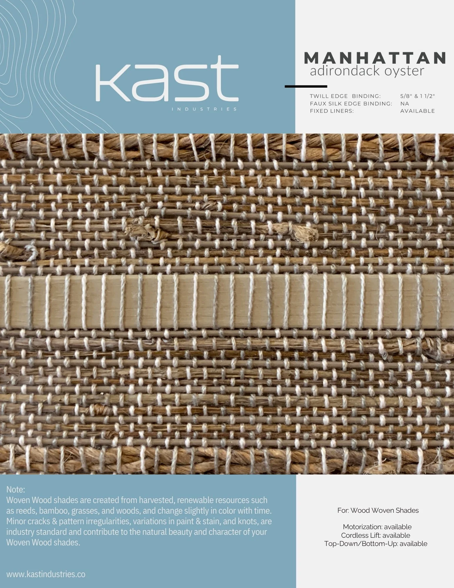 Packaging of Kast Industries Manhattan Adirondack oyster woven wood shades featuring different weaving patterns and materials such as reeds, bamboo, grasses, and woods.