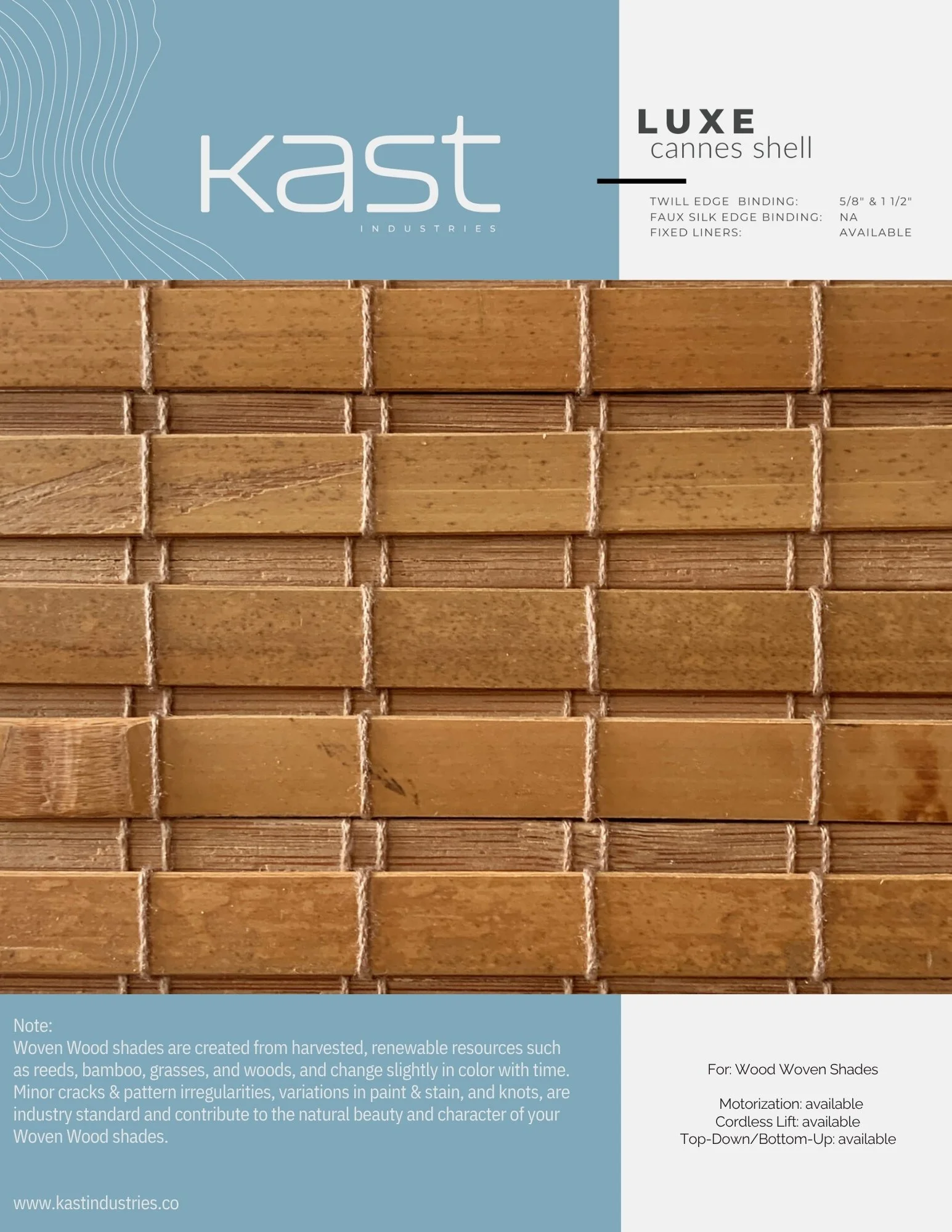 Close-up of a box of Kast Industries Luxe cannes shell wood woven shades with a blue and white label, showing the woven texture and pattern of the shades.