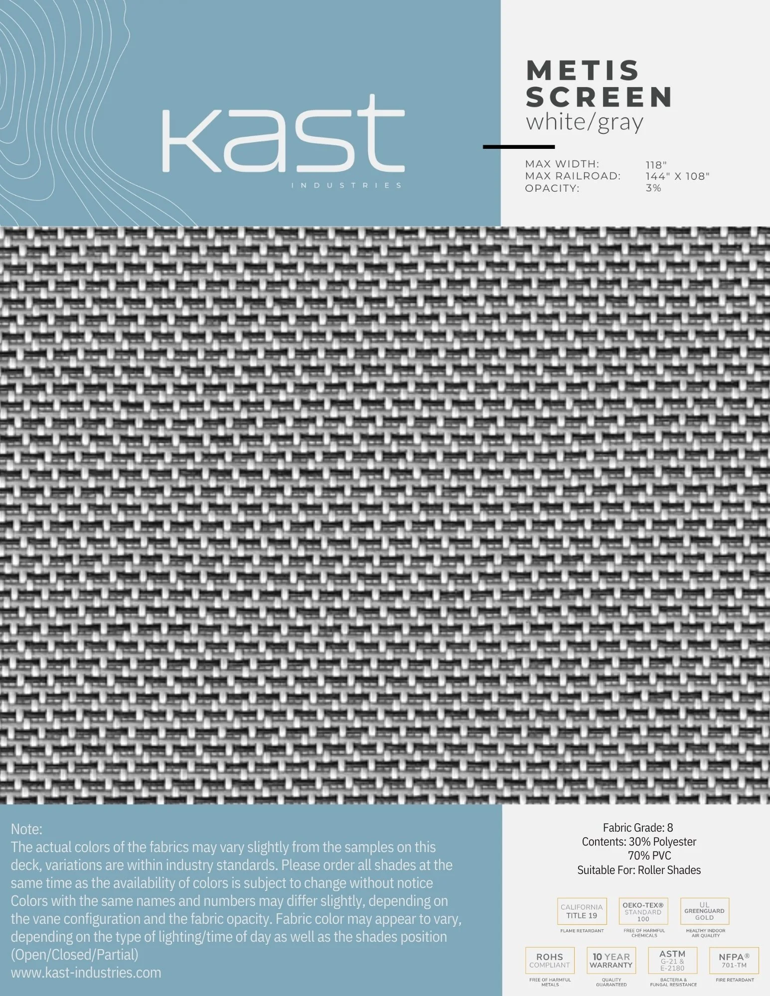 Packaging for Kast Industries Metis Screen fabric in white and gray with a woven pattern, suitable for roller shades, includes product specifications and certifications.