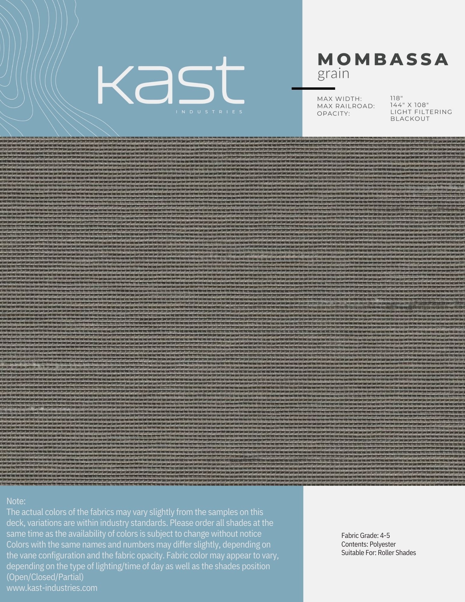 A fabric swatch labeled 'MOMBASSA grain' from Kast Industries, with technical specifications like maximum width of 118 inches, maximum railroad of 144 inch x 108 inch, and features such as light filtering and blackout. The fabric is suitable for roll