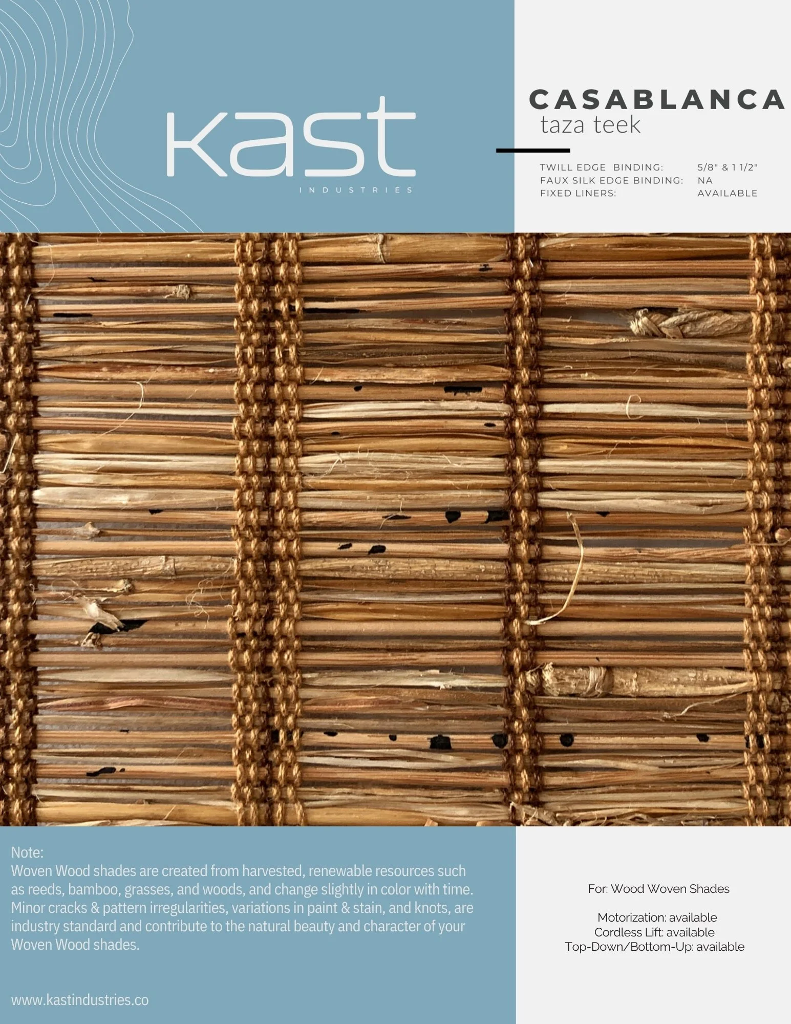 Close-up of a woven wood shade with label text indicating it is a Casablanca Taza Teak shade made from natural harvested, renewable resources like reeds and bamboo.
