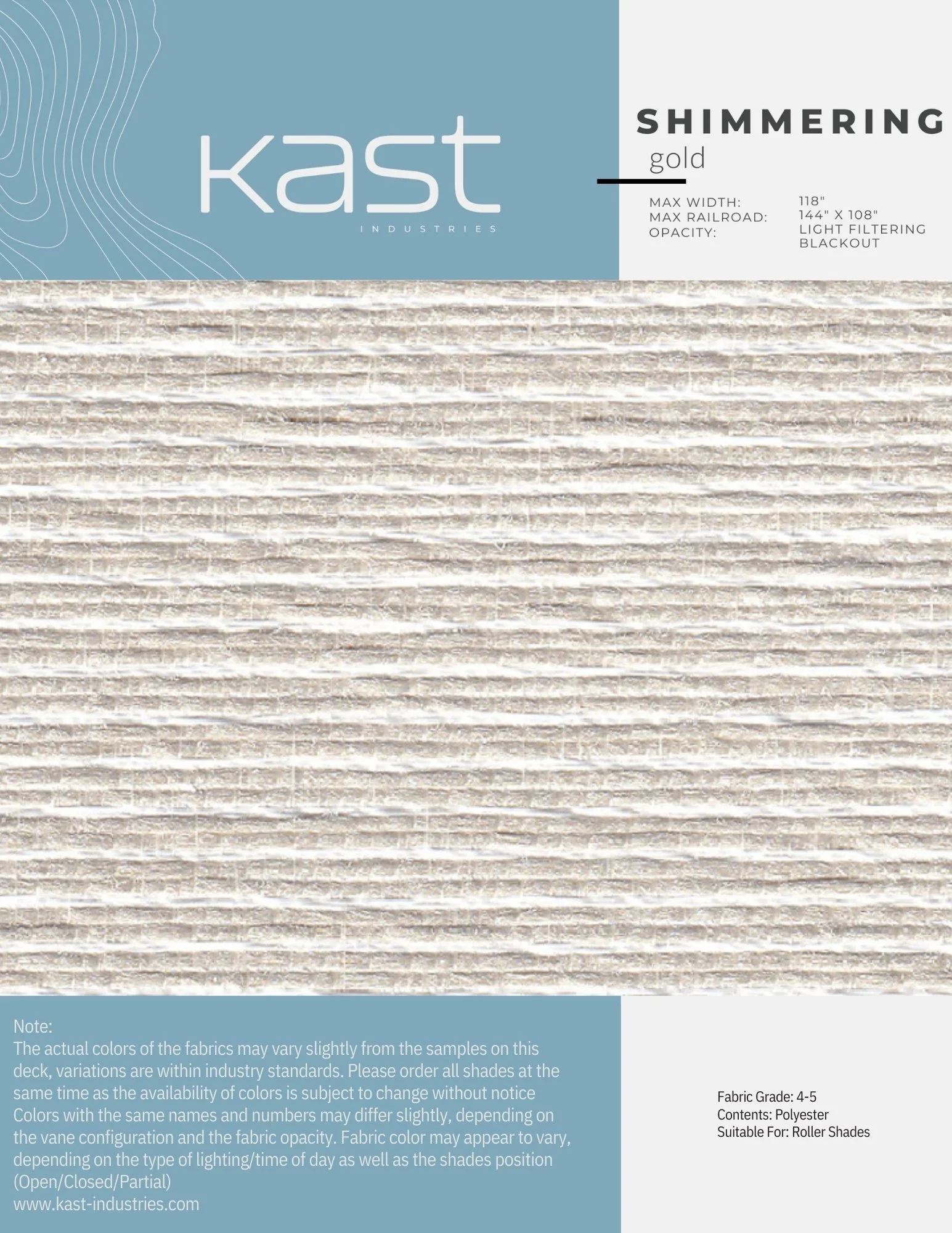 Image of shimmering gold roller shade from Kast Industries, with specifications and product details on the label.