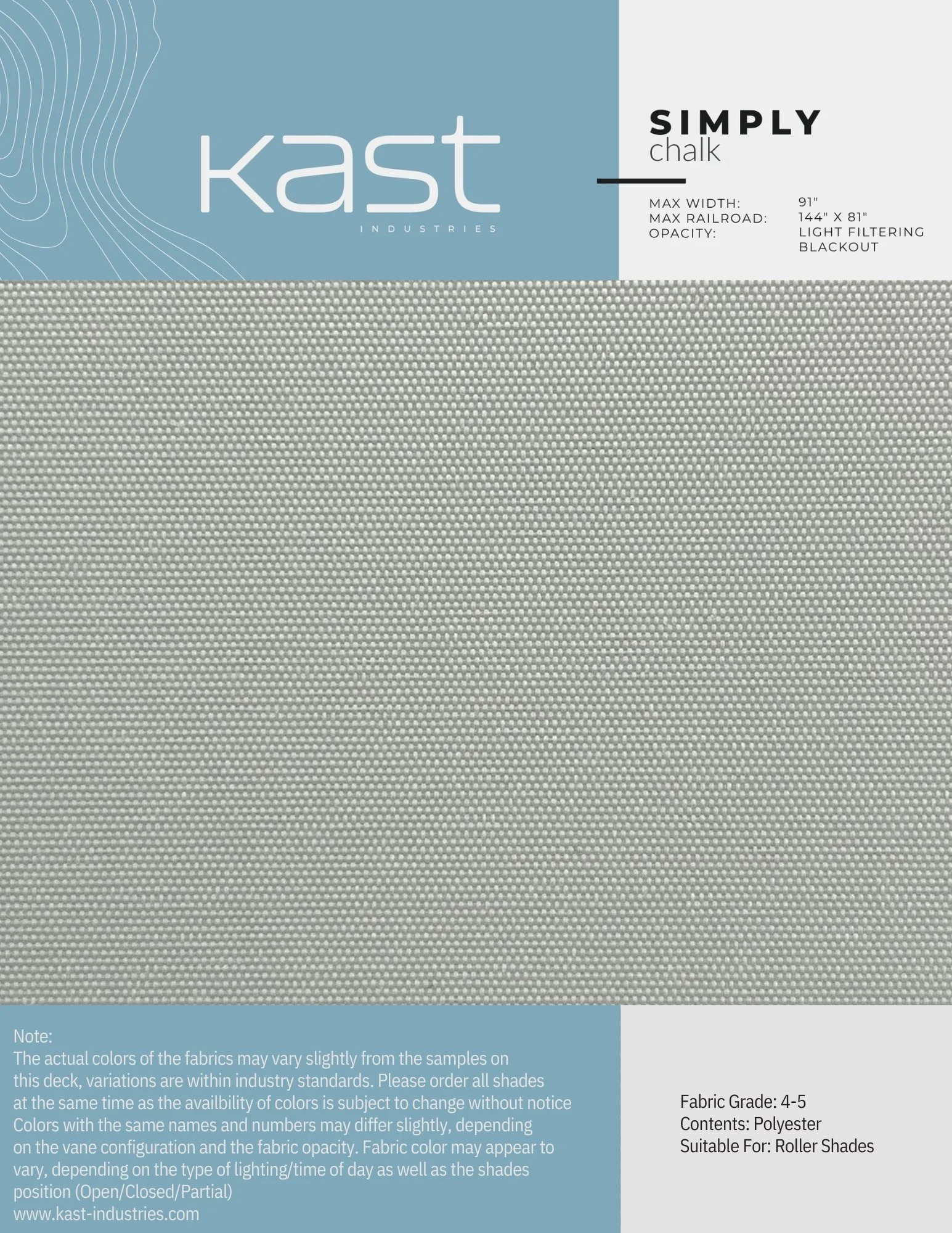 Sample swatch of light gray fabric called Simply Chalk by Kast Industries, intended for roller shades, made of polyester, with a subtle textured pattern.