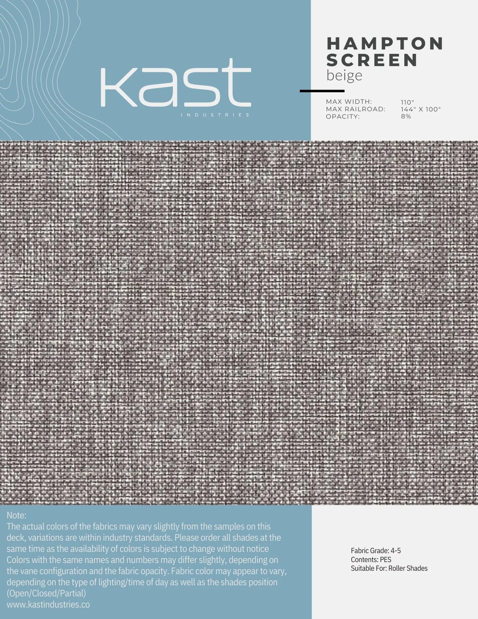 Sample fabric swatch labeled Hampton Screen beige from Kast Industries with max width 110 inches, max railroad 144x100 inches, 8% opacity, suitable for roller shades.