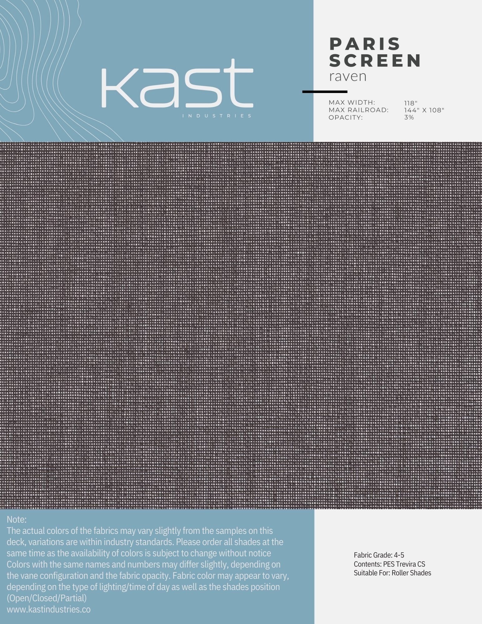 A fabric sample card featuring a black and white pixelated pattern named 'Paris Screen Raven' by Kast Industries, with details about max width, max railroad, opacity, fabric grade, contents, and suitable for roller shades.