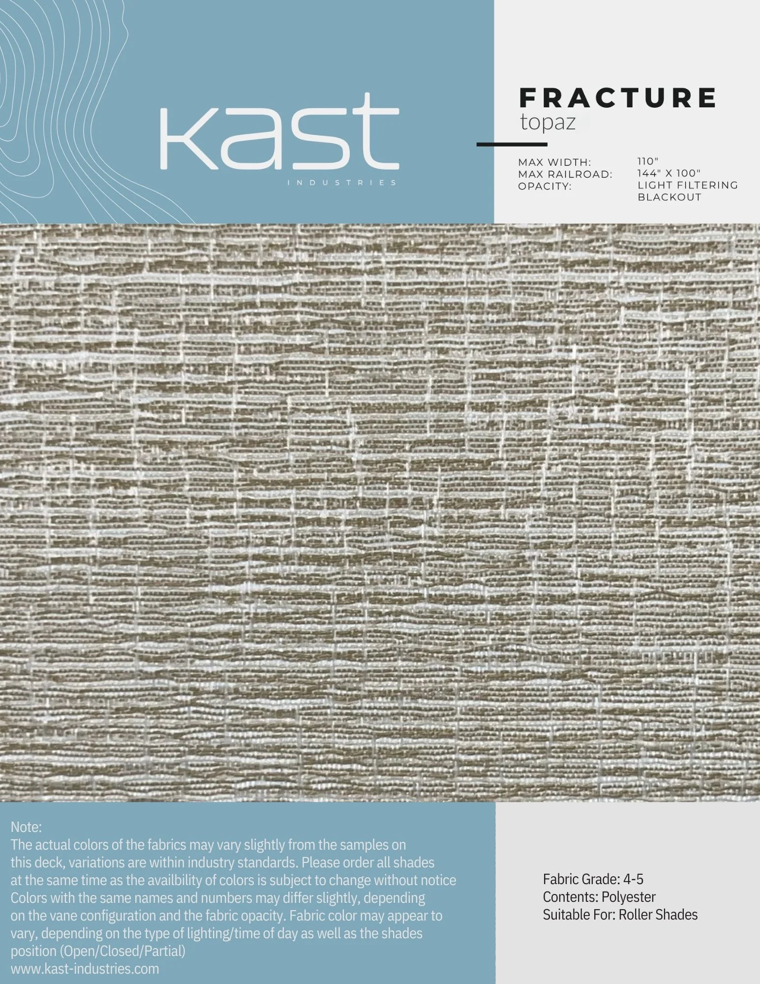 Packaging for Kast Industries fracture topaz roller shade, with a fabric sample showing a textured, woven pattern in light neutral tones, and details about dimensions, opacity, and suitable uses.