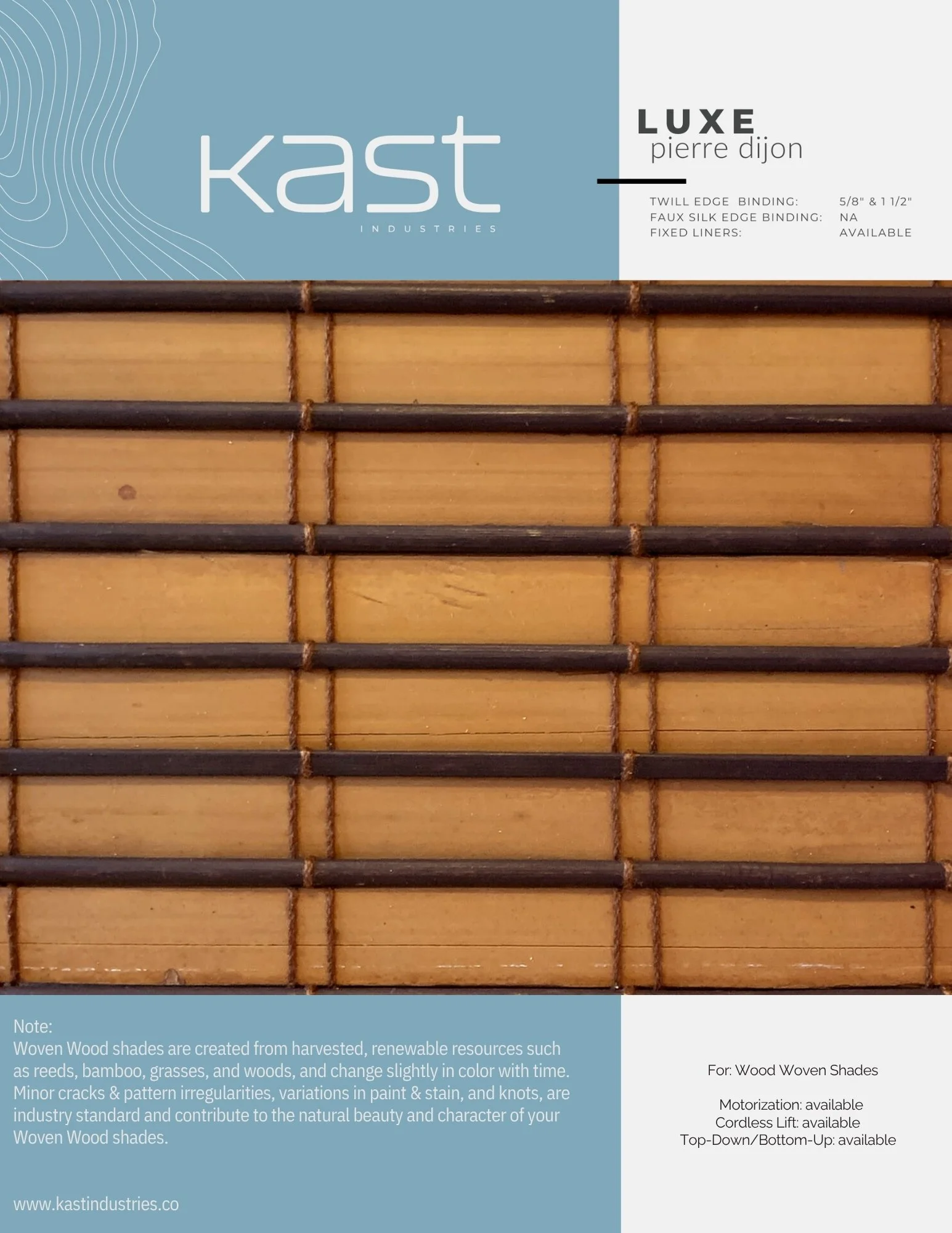 Close-up of a woven wood shade with a Japanese style design, showing alternating horizontal strips of dark and light wood, with the top part of the packaging label from Kast Industries and Pierre Dijon visible.