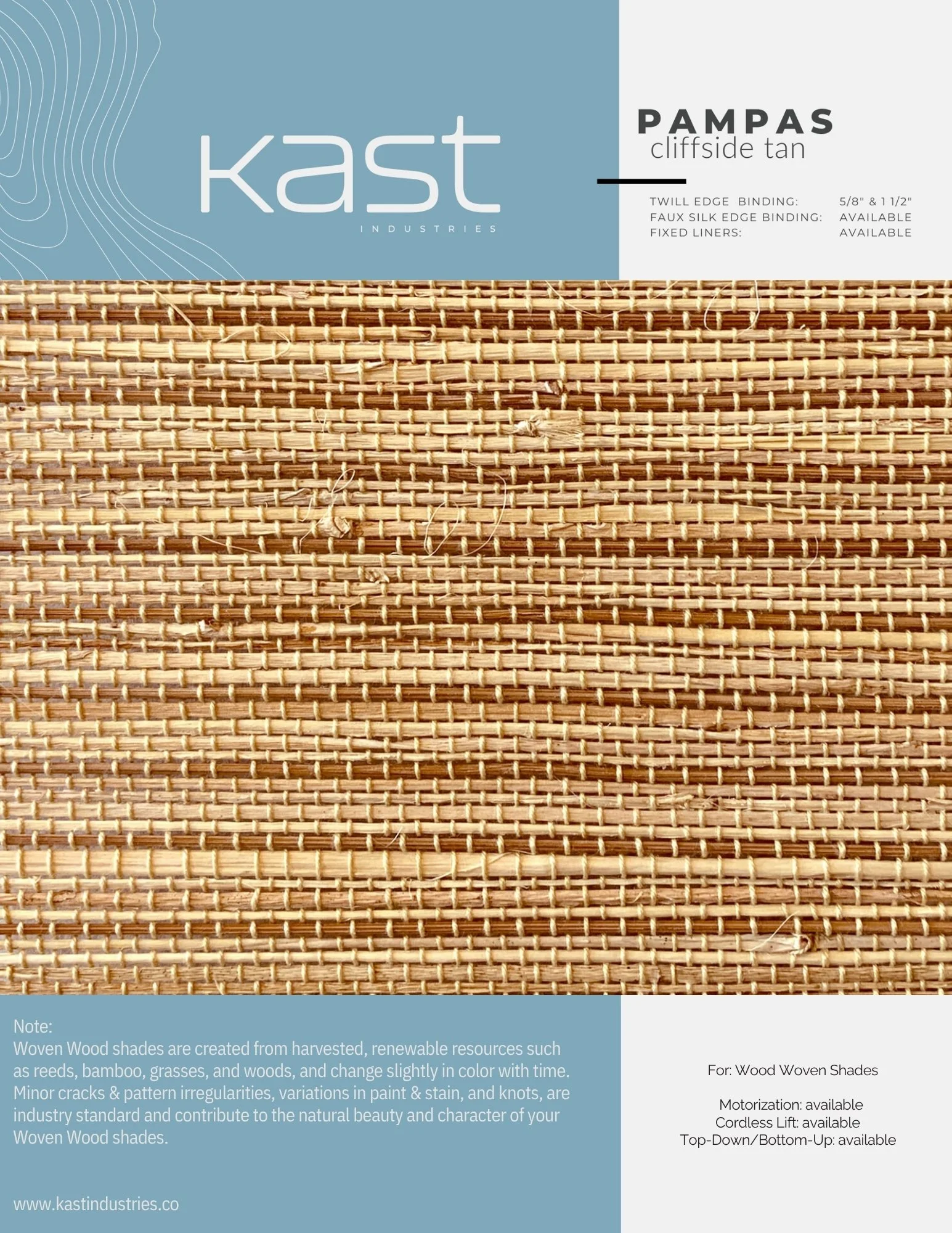 Packaging for Kast Industries woven wood shades in a cliffside tan color, showing a close-up view of the woven texture and natural fibers used in the product.