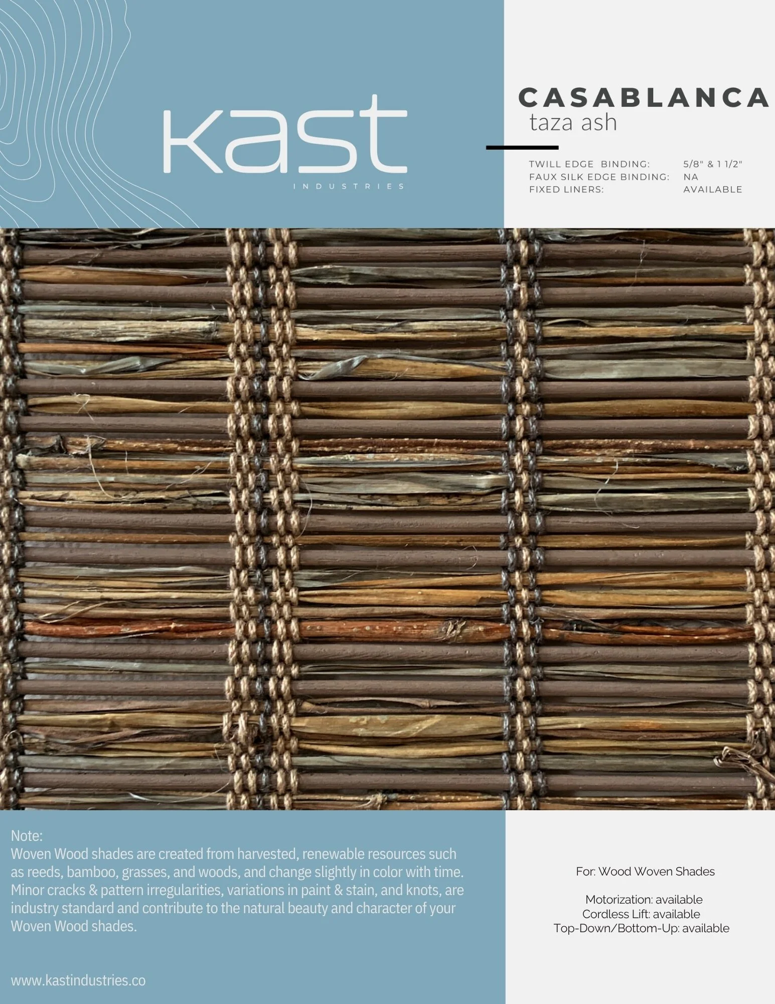 Close-up of woven wood shades with varying brown hues, labeled 'Casablanca Taza Ash' by Kast Industries, designed for window coverings.