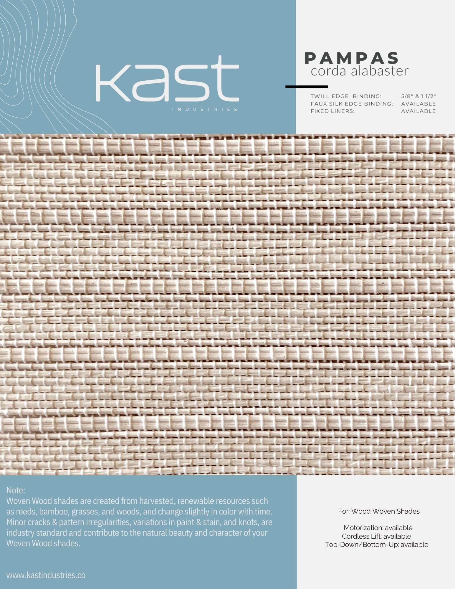 Packaging label for Kast Industries Pampas Cordia Alabaster woven wood shades, showing detailed fabric texture, product specifications, and notes about the natural variations and features available.