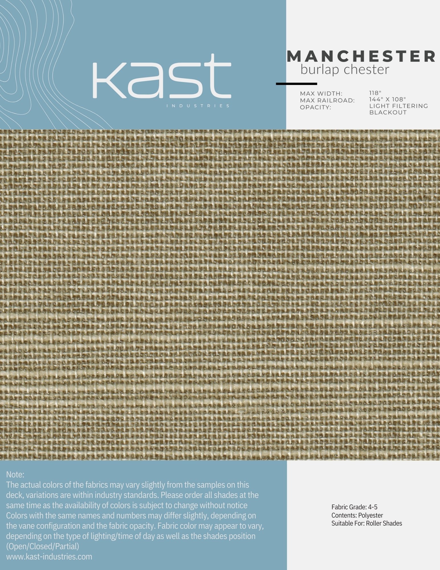Swatch of beige burlap fabric with a woven texture, labeled 'Manchester burlap chester' for roller shades, with specifications and notes at the bottom.