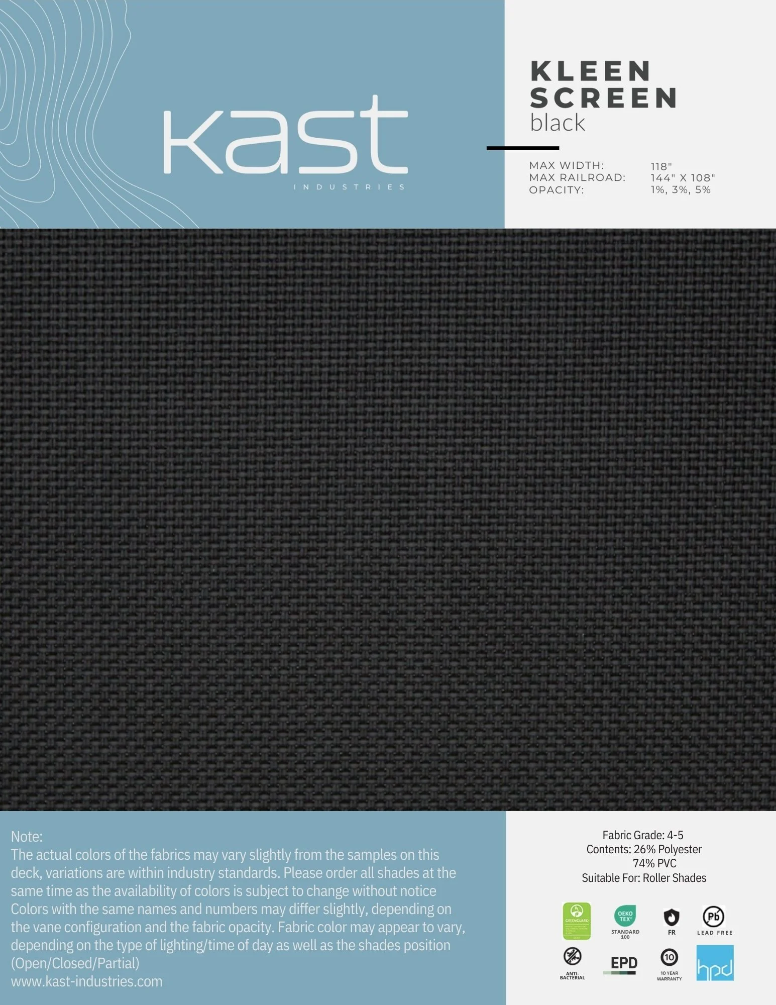 Packaging for Kast Industries black kleen screen fabric with technical details and certifications on a blue and white background.