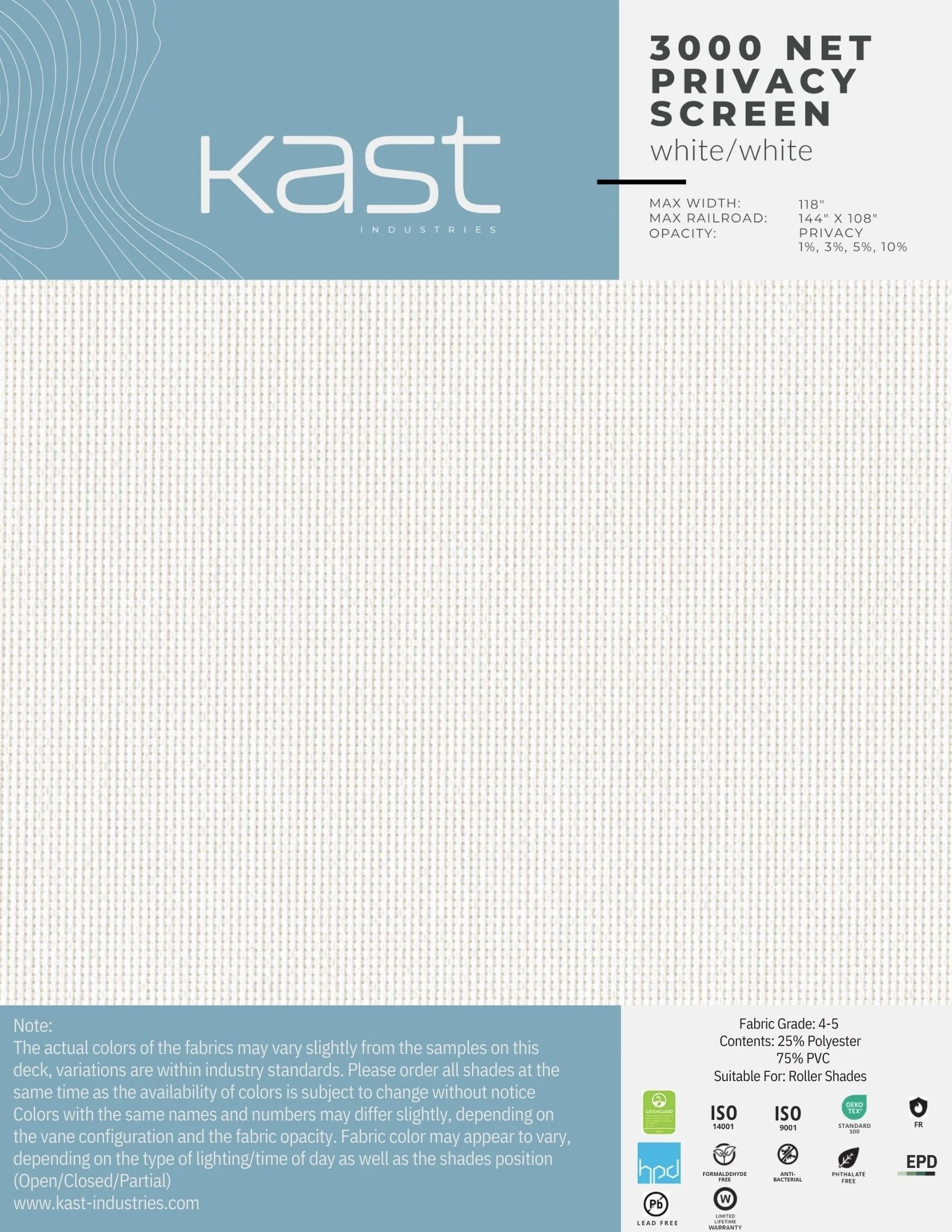 Packaging for Kast Industries 3000 net privacy screen in white, with specifications about dimensions, opacity, fabric grade, and materials, along with certifications and company website.