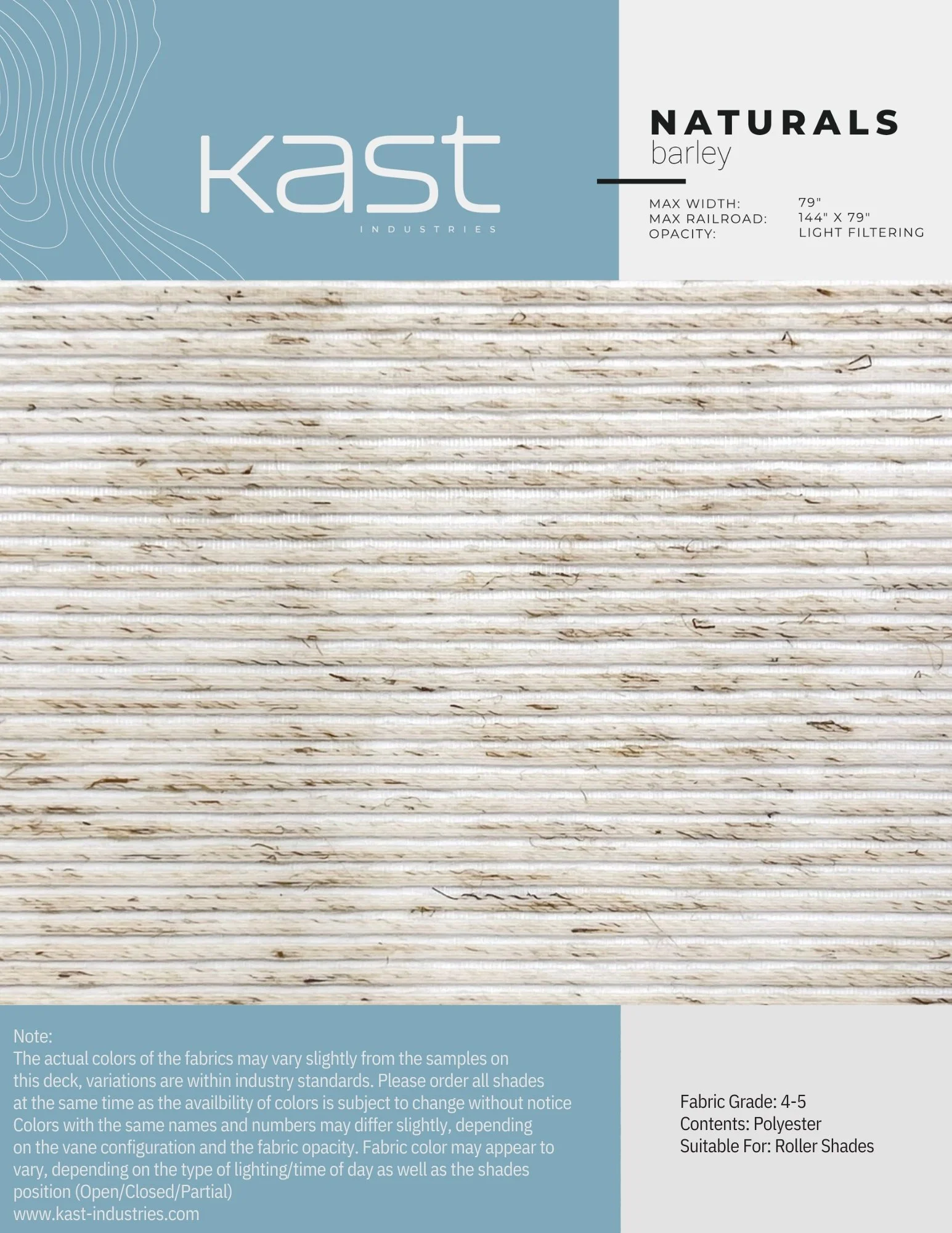 Packaging of Kast Industries natural light filtering roller shades in a beige and white striped fabric resembling barley.