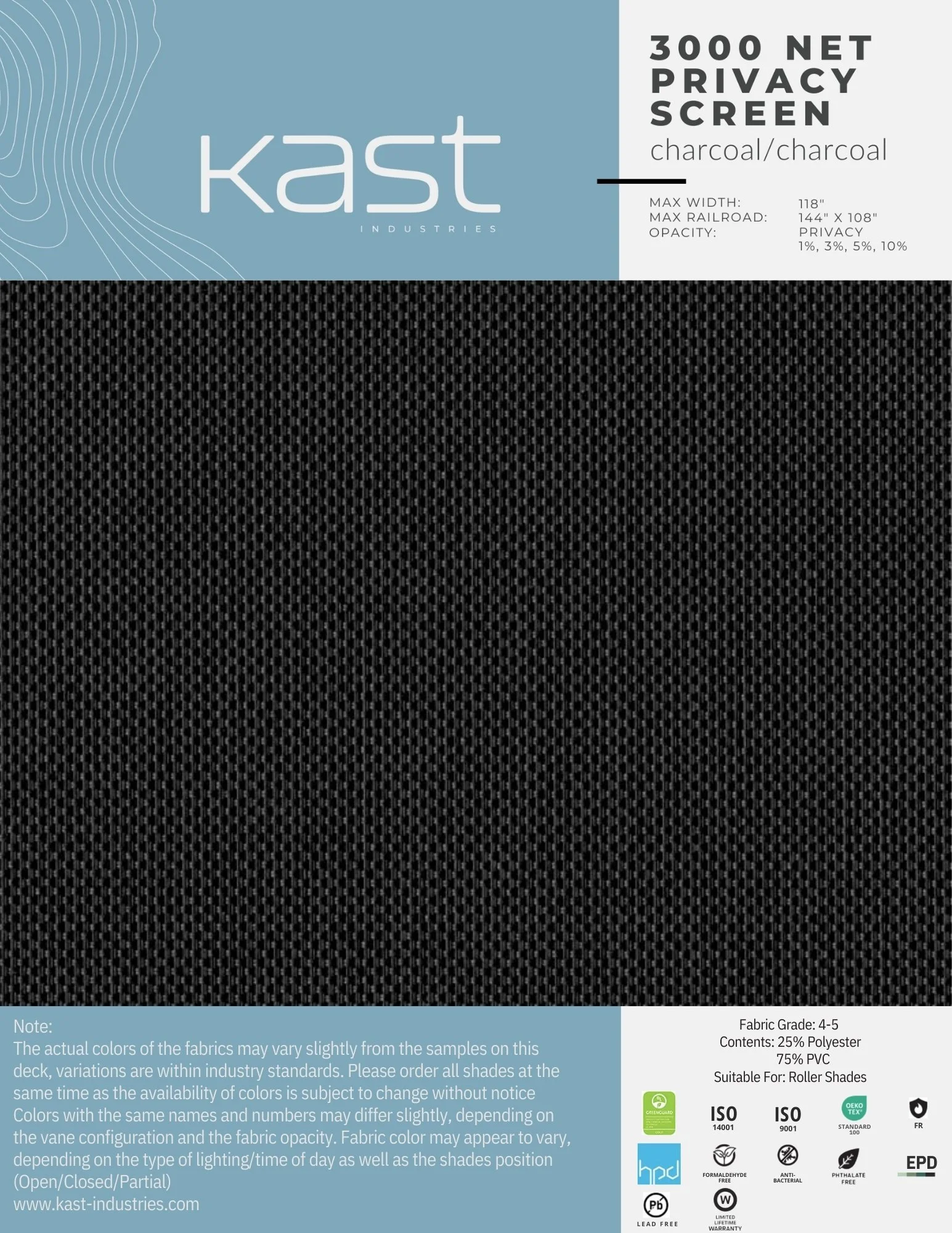Packaging for Kast Industries 3000 net privacy screen in charcoal color, with specifications and certifications listed.
