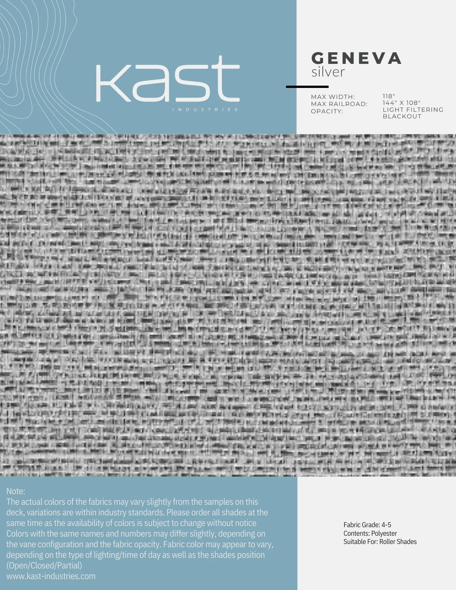 Swatch of grey fabric with a textured, woven pattern, labeled as 'Geneva Silver' by Kast Industries, suitable for roller shades, with details about dimensions, opacity, and fabric grade.