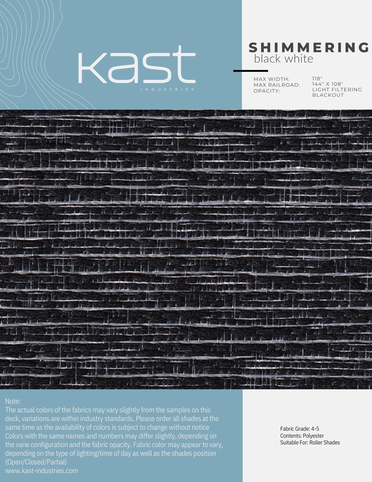 Close-up of black and white shimmering roller shades made of fabric with a grid pattern, used for light filtering and blackout.