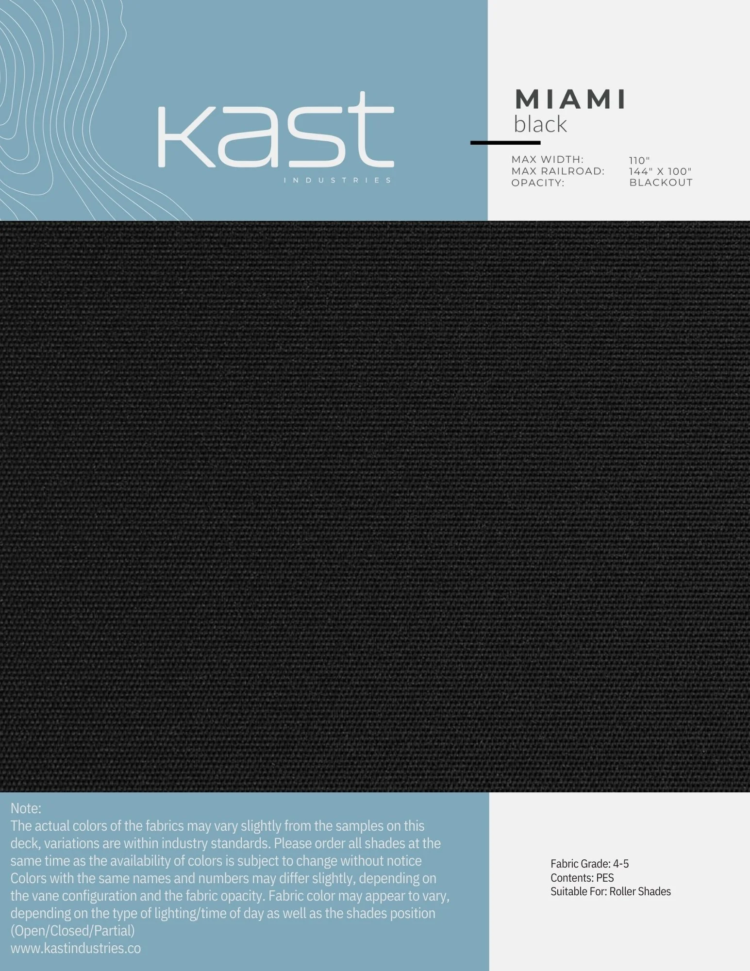Black roller shade fabric sample from Kast Industries packaging.