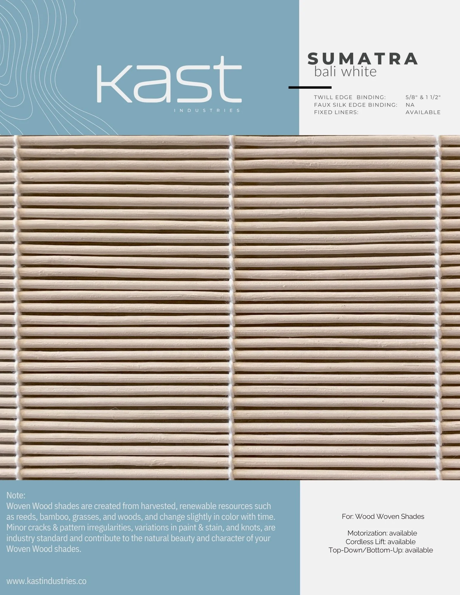 Package of Kast Industries Bali White woven wood shades showing horizontal wooden slats.