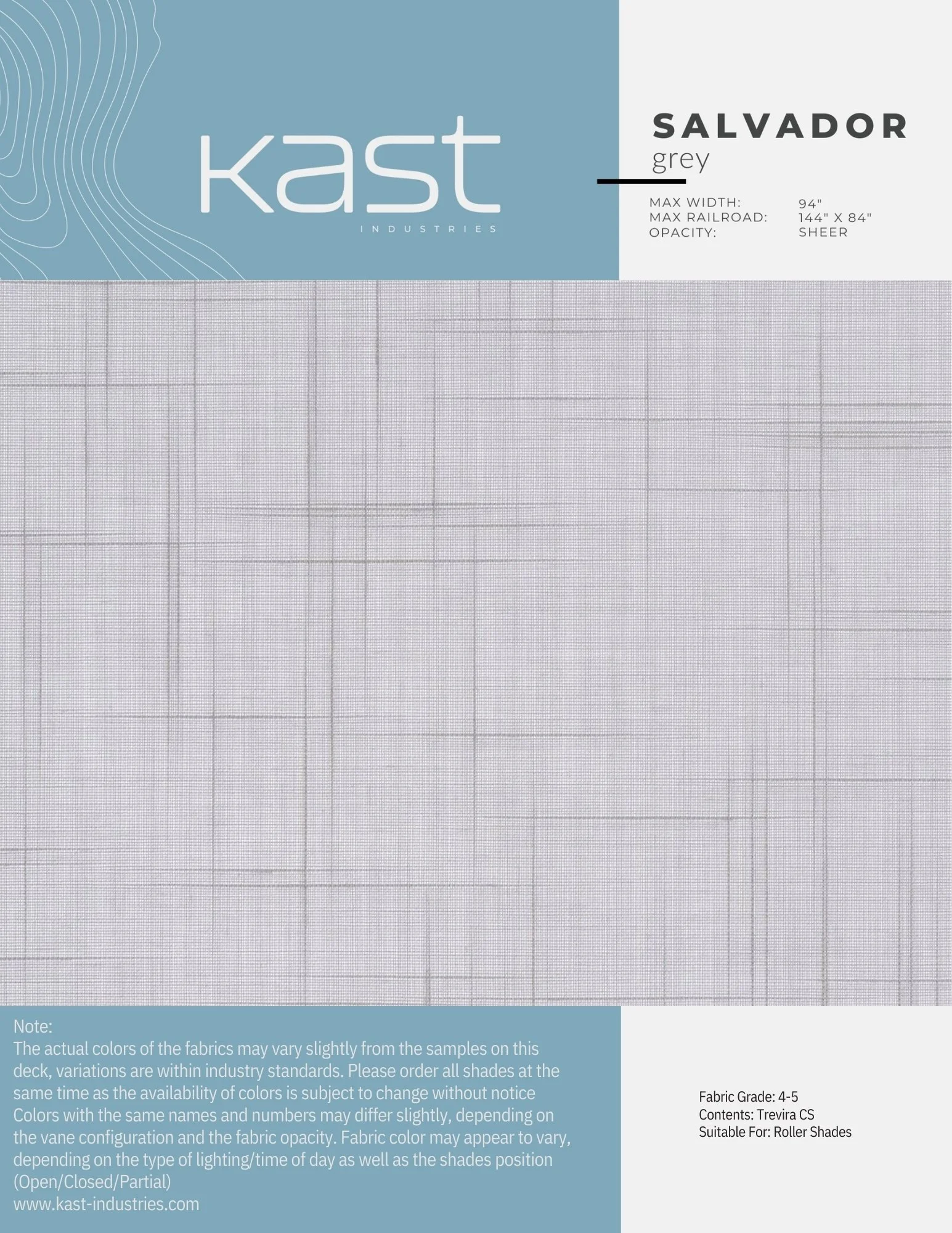 A packaging label for a fabric called Salvador grey by Kast Industries, with measurements and details about the fabric's opacity and recommended use for roller shades.