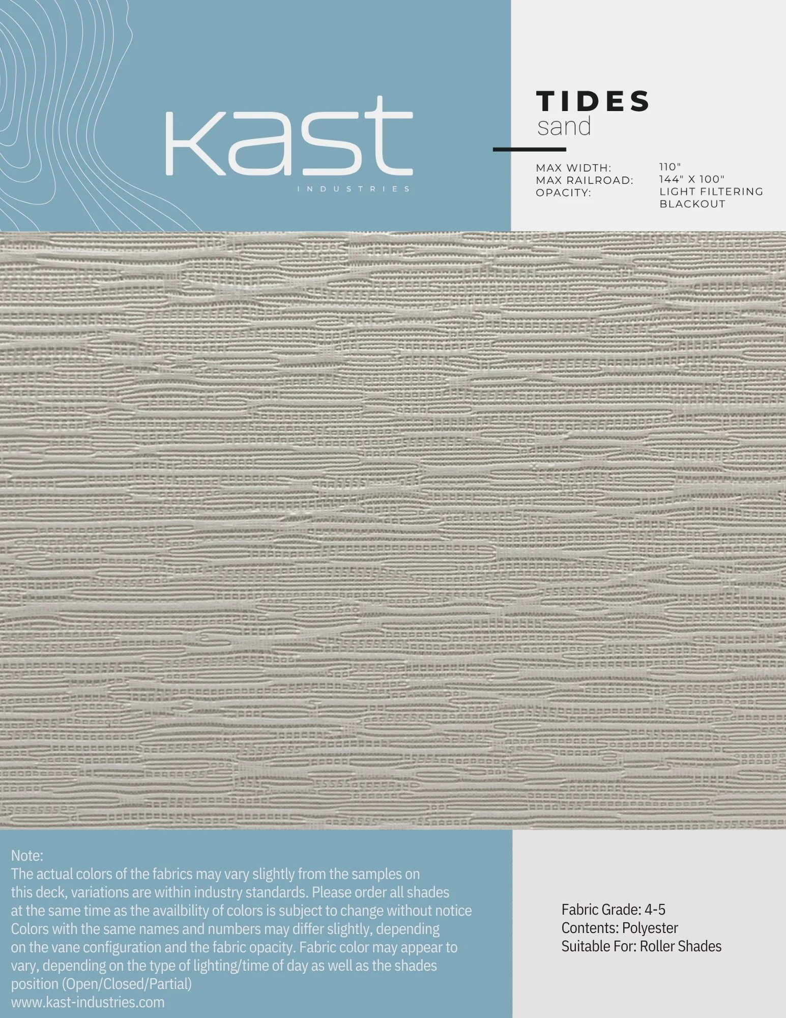 A fabric sample pack with a textured, beige, striped polyester fabric labeled as 'Tides Sand' by Kast Industries, suitable for roller shades.