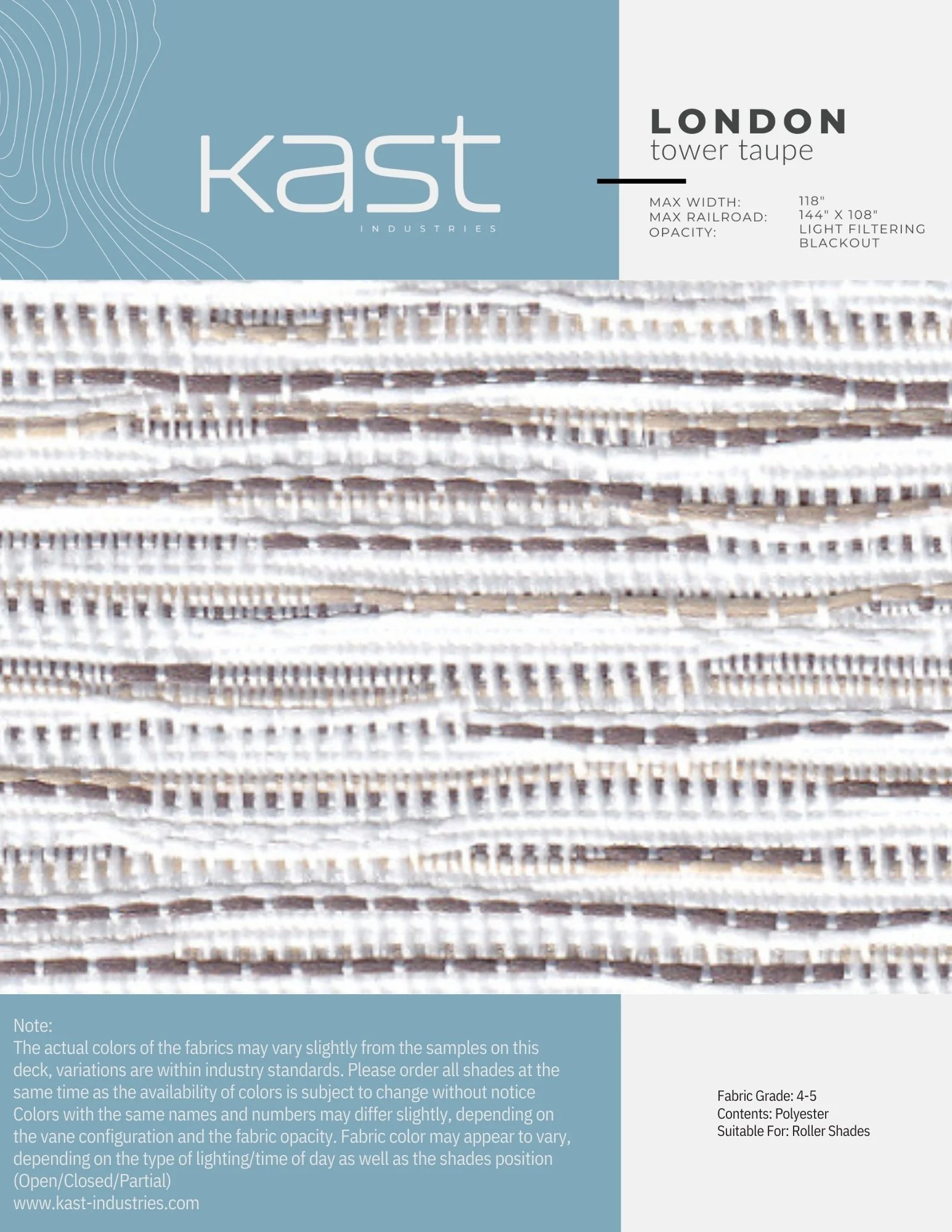 Close-up of a roll of light filtering blackout roller shades fabric in beige and white striped pattern, with textured woven appearance, for window covering