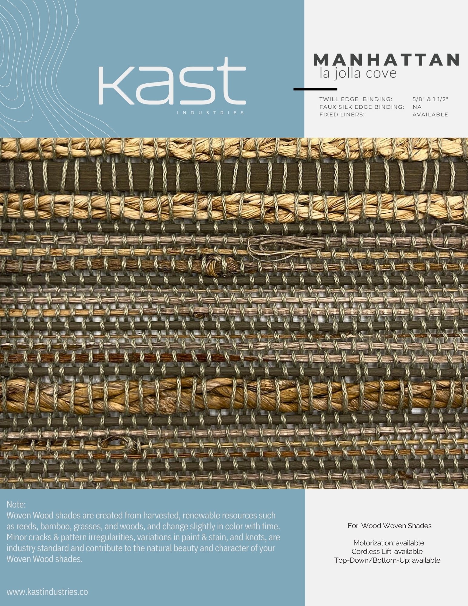 Sample swatch of woven wood shades in various natural colors, used for window coverings, with a blue banner at the top displaying brand information and product details.