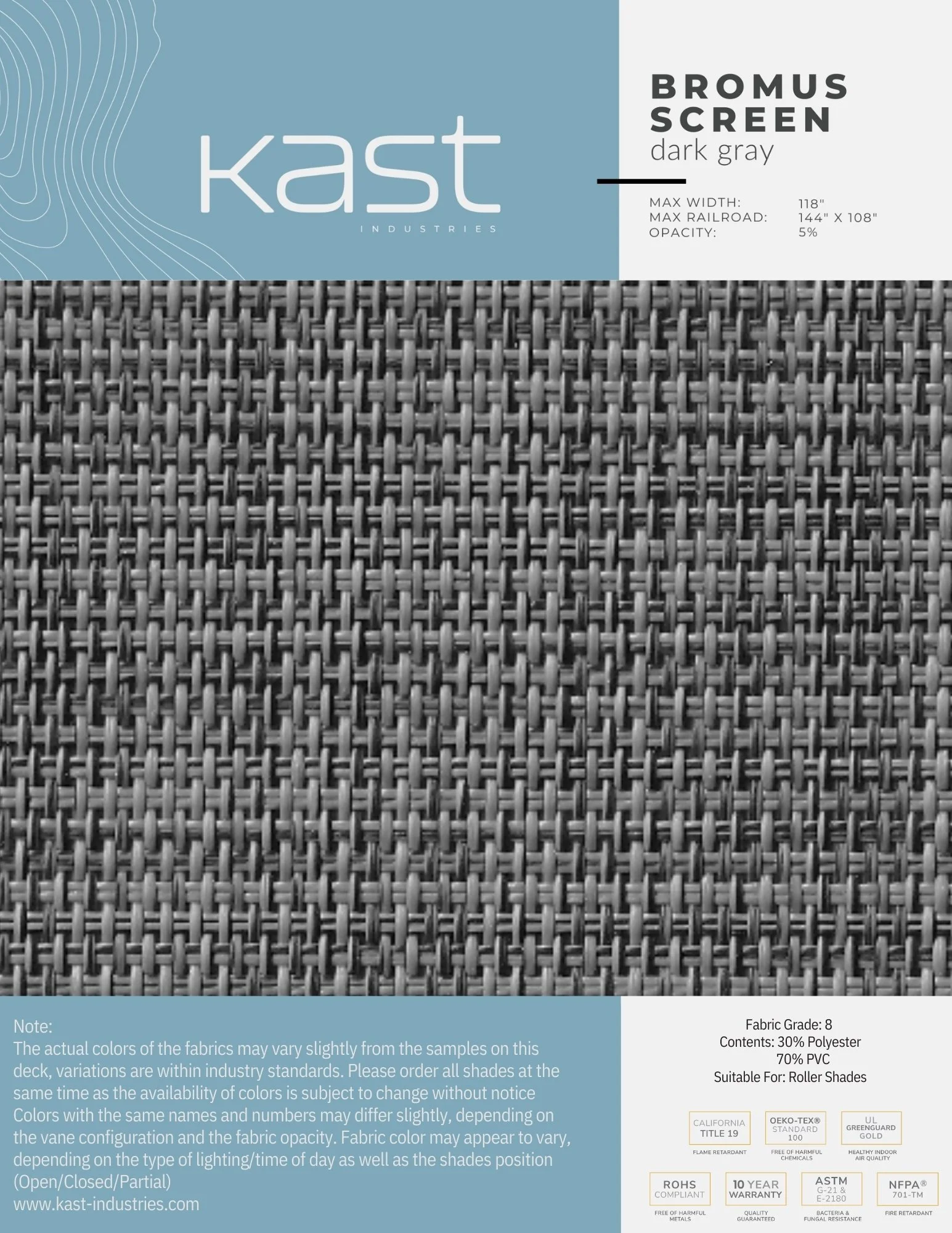 Sample of dark gray woven outdoor roller shade fabric by Kast Industries, measuring 118 inches wide with 5% opacity, made of 30% polyester and 70% PVC, suitable for roller shades.