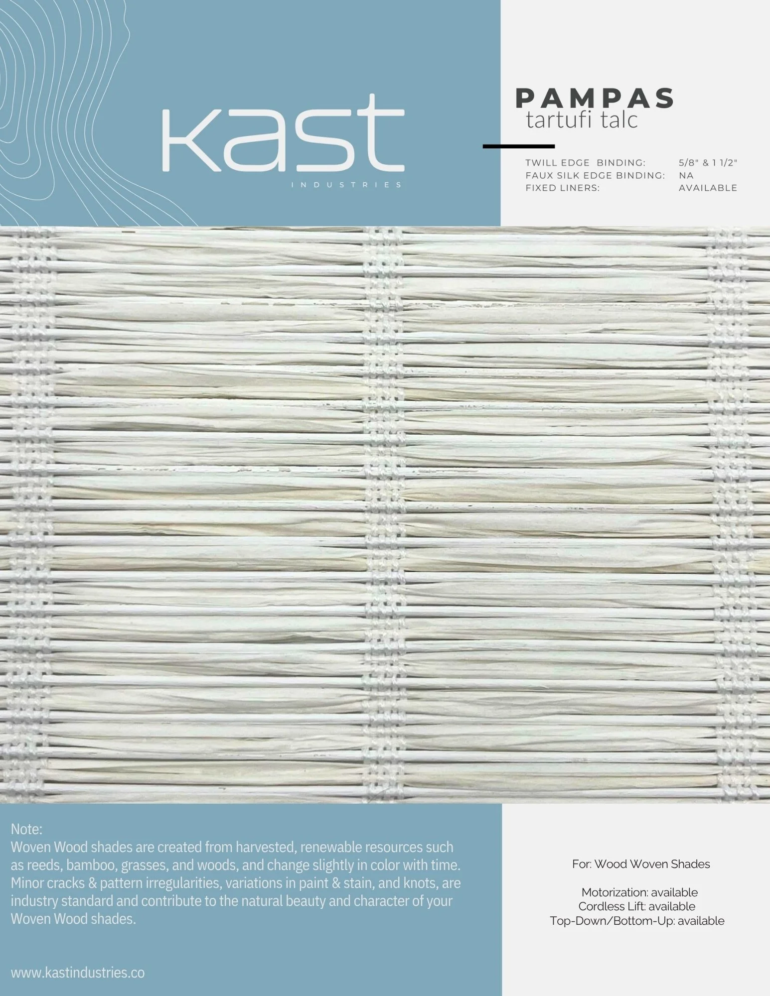 Packaging of Kast Industries Pampas tartufi talc woven wood shades in white, with product details and note about natural materials
